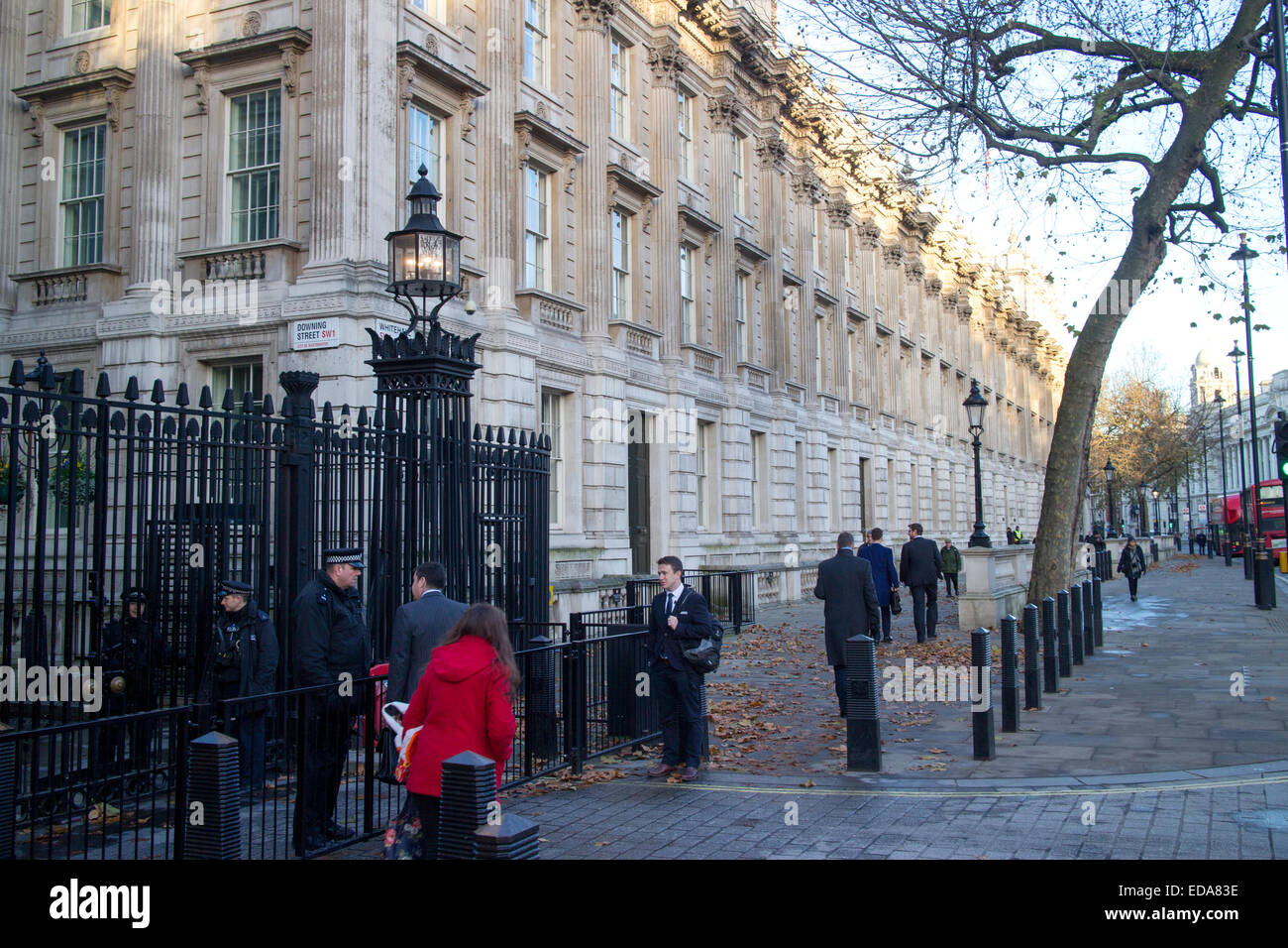 The corner of Downing Street and Whitehall gates in central London, England UK residence of Prime Minister of the United Kingdom Stock Photo