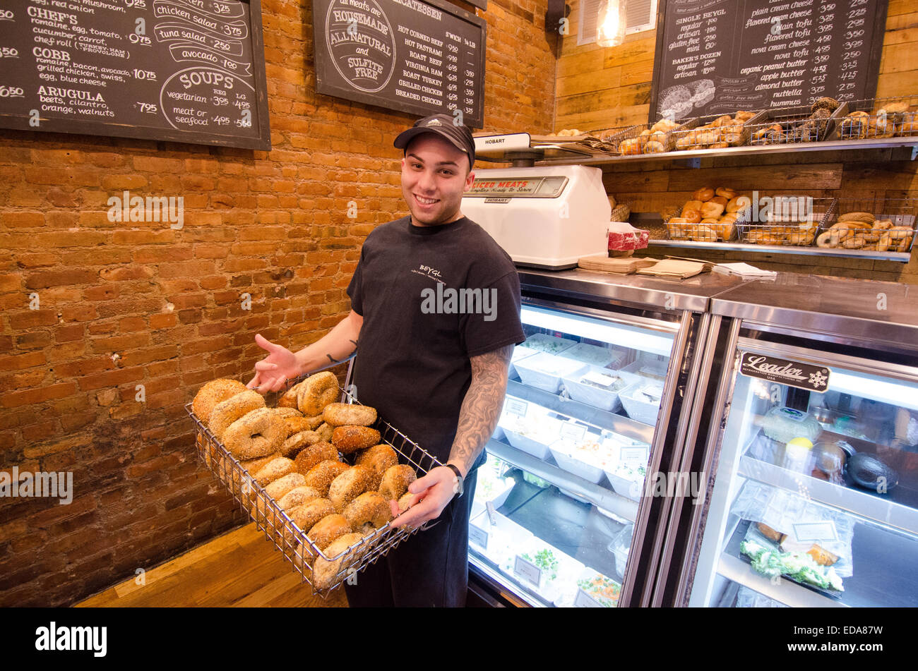 At Beygl, a Park Slope bagel shop, New York City style bagels are kettle-boiled before the finished product is proudly displayed Stock Photo
