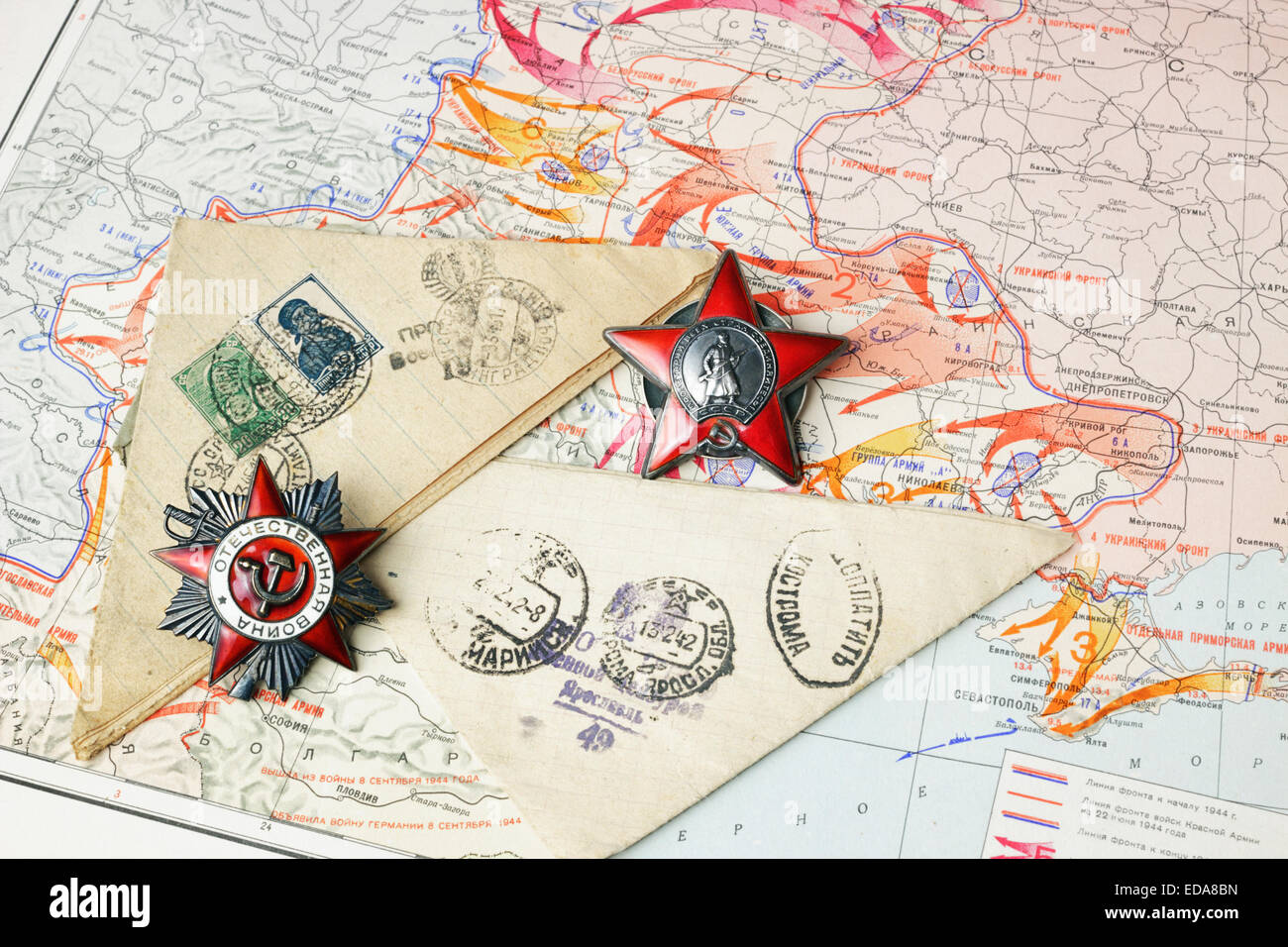 Order of the Red Banner and Red Star, letters from the front on the map of hostilities during the Second World War Stock Photo