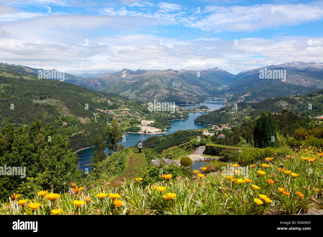 View on the Lima river meandering through Peneda Geres, the only national park in Portugal, located in the Norte region. Stock Photo