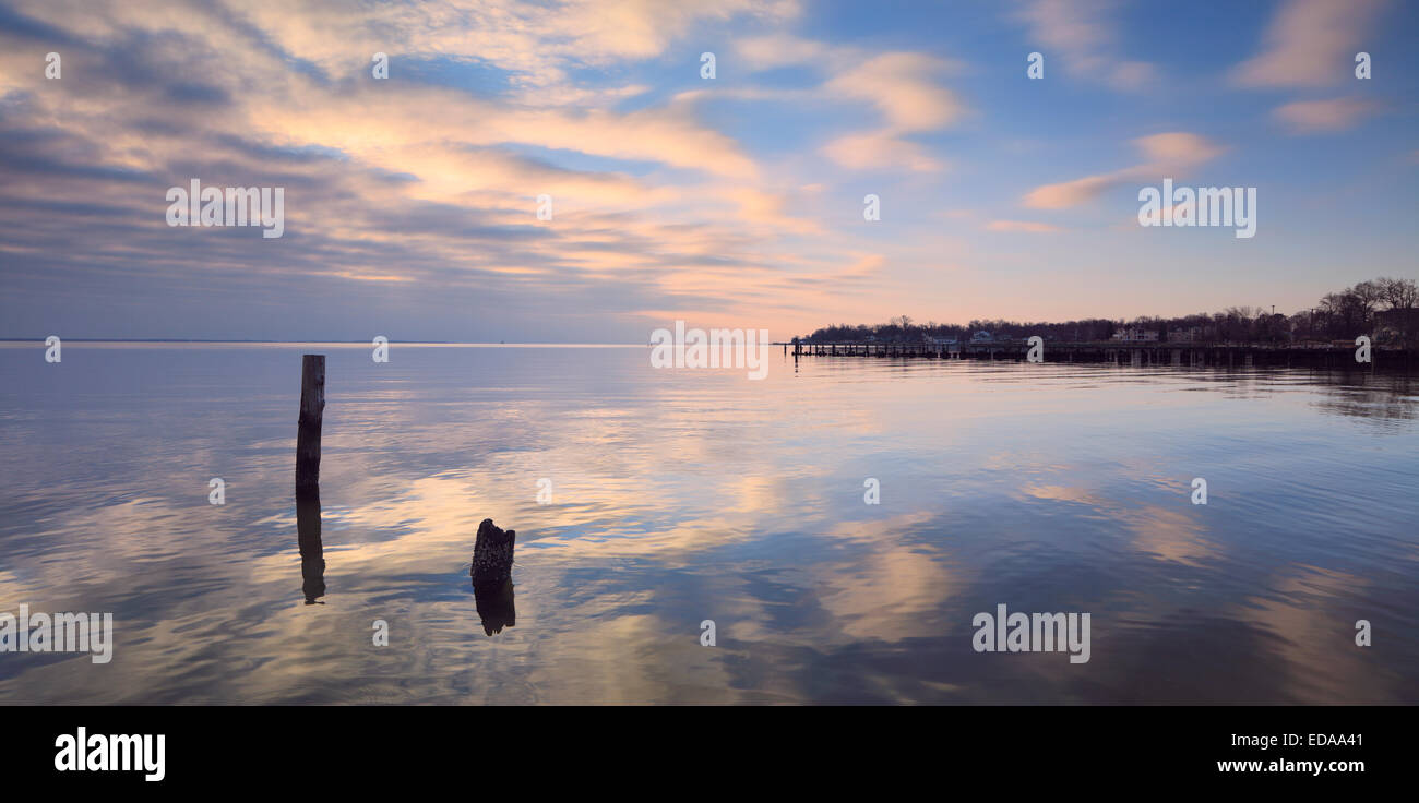 Early morning twilight reflected in the Chesapeake Bay near Annapolis in Anne Arundel County, Maryland Stock Photo