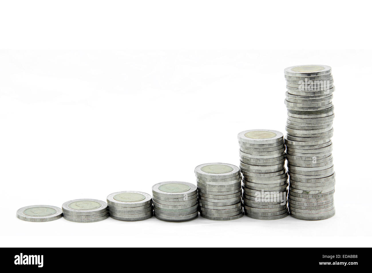 stairs to wealth, step of money coins isolated on white Stock Photo - Alamy