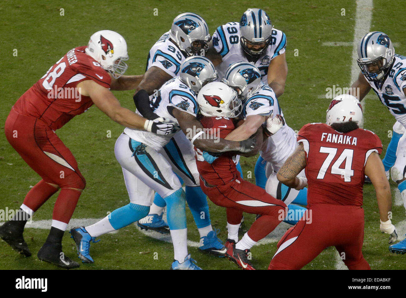 Charlotte, NC, USA. 3rd Jan, 2015. The Carolina Panthers defense swarms Arizona Cardinals running back Kerwynn Williams #33 in the NFC wildcard game on January 3, 2015, at Bank of America Stadium in Charlotte, North Carolina. The Panthers defeated the Cardinals 27-16. Margaret Bowles/CSM/Alamy Live News Stock Photo