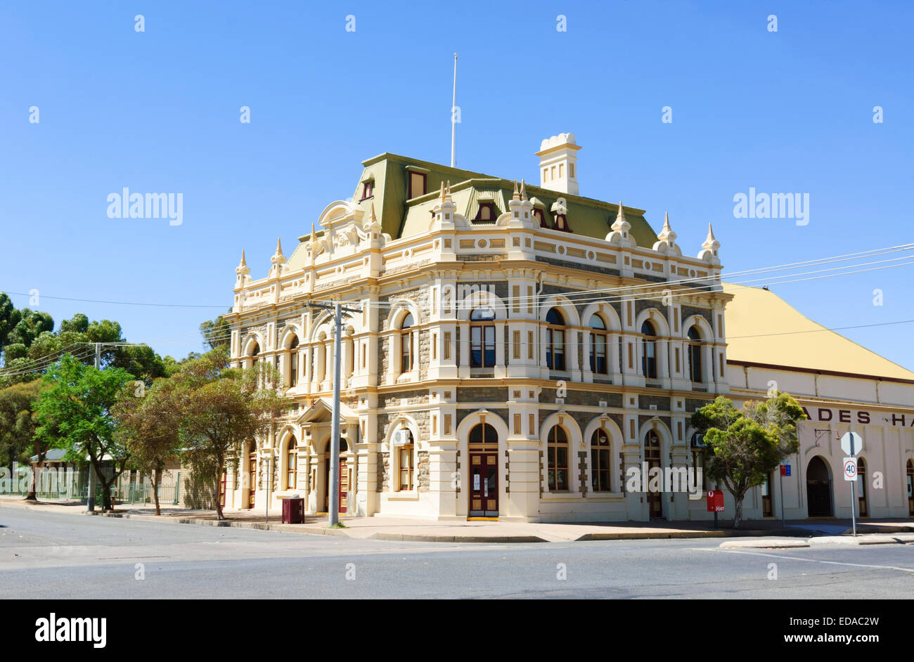 Trades Hall historical building, corner of Blende and Sulphide streets, Broken Hill, New South Wales, NSW, Australia Stock Photo
