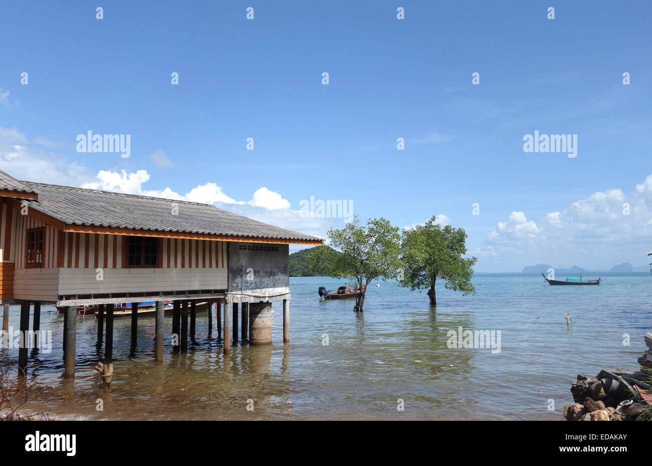 House on stilts, Sea gypsy village, mangrove trees, Koh Lanta, Thailand, Southeast Asia. Stock Photo