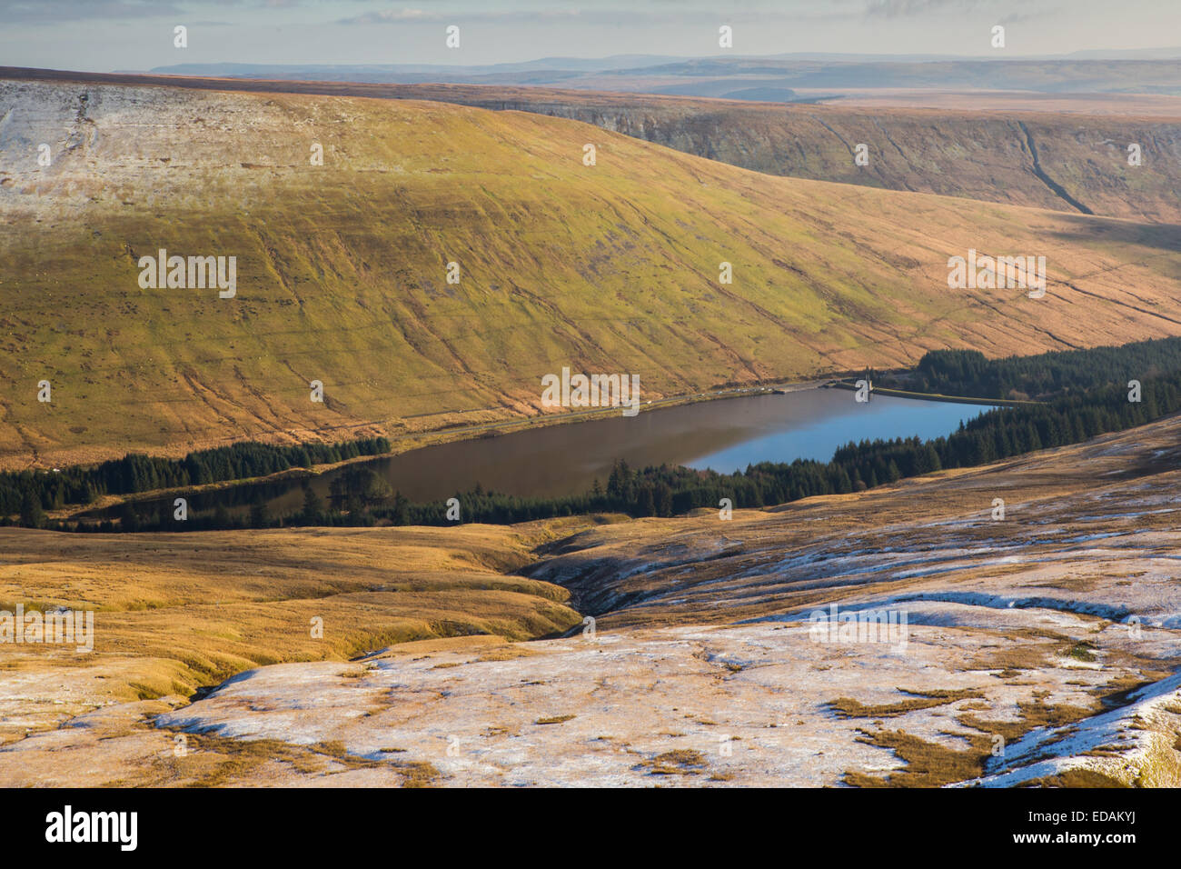 View of the Beacons Reservoir from Fan Fawr, Brecon Beacons National Park. Stock Photo