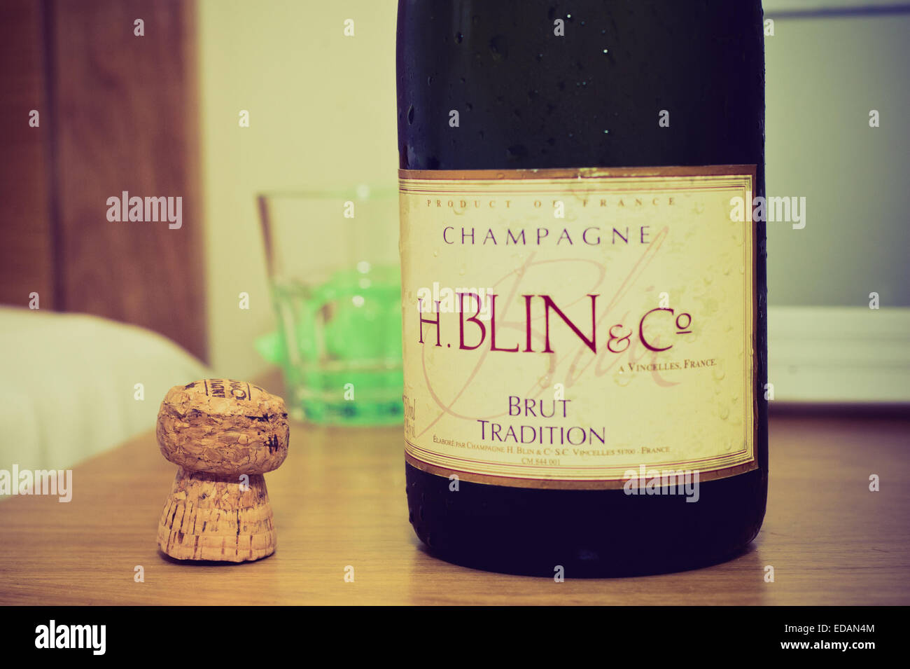 champagne bottle with glass and cork Stock Photo Alamy