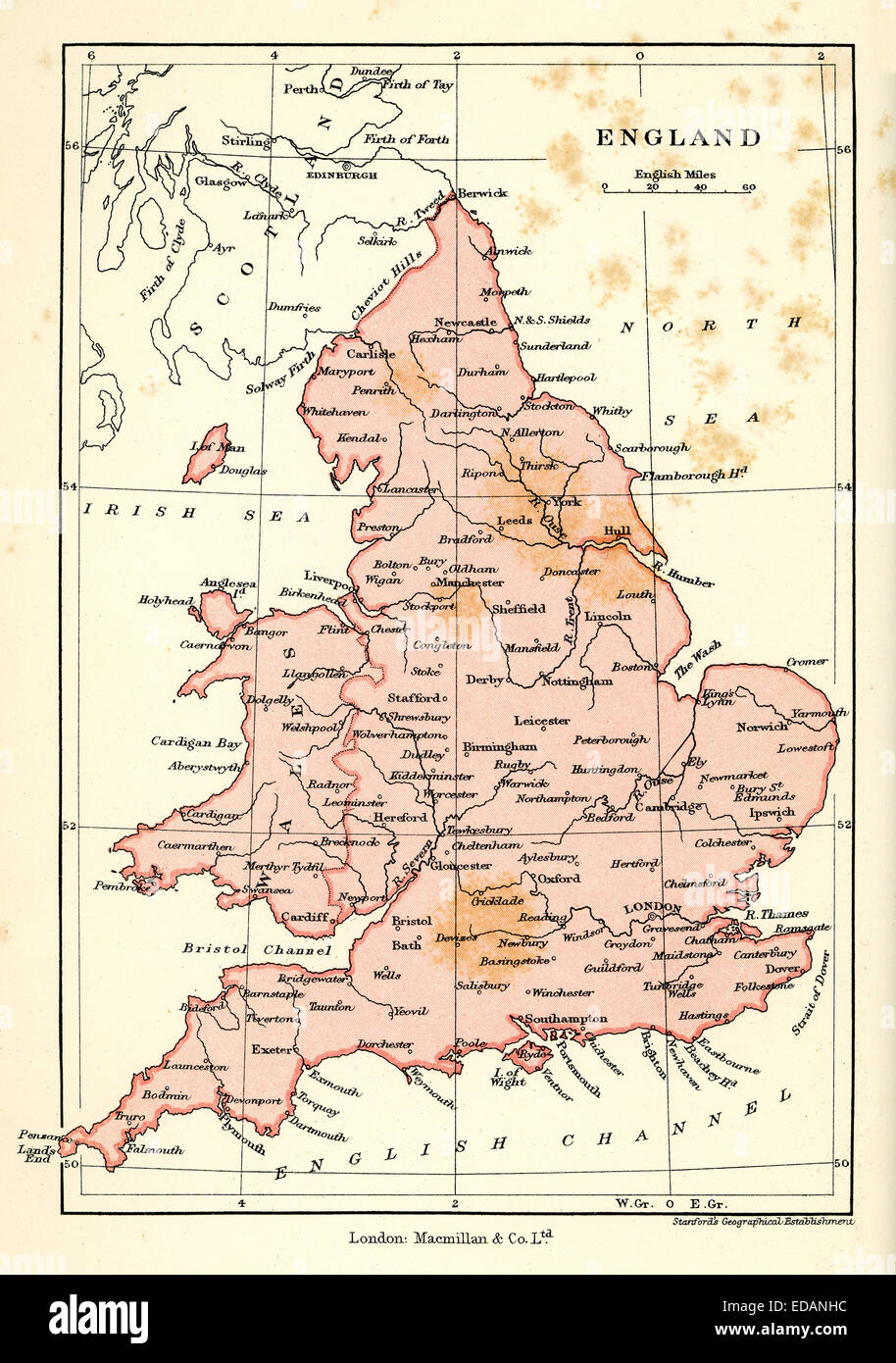 Antique map of England and Wales, 1900 Stock Photo