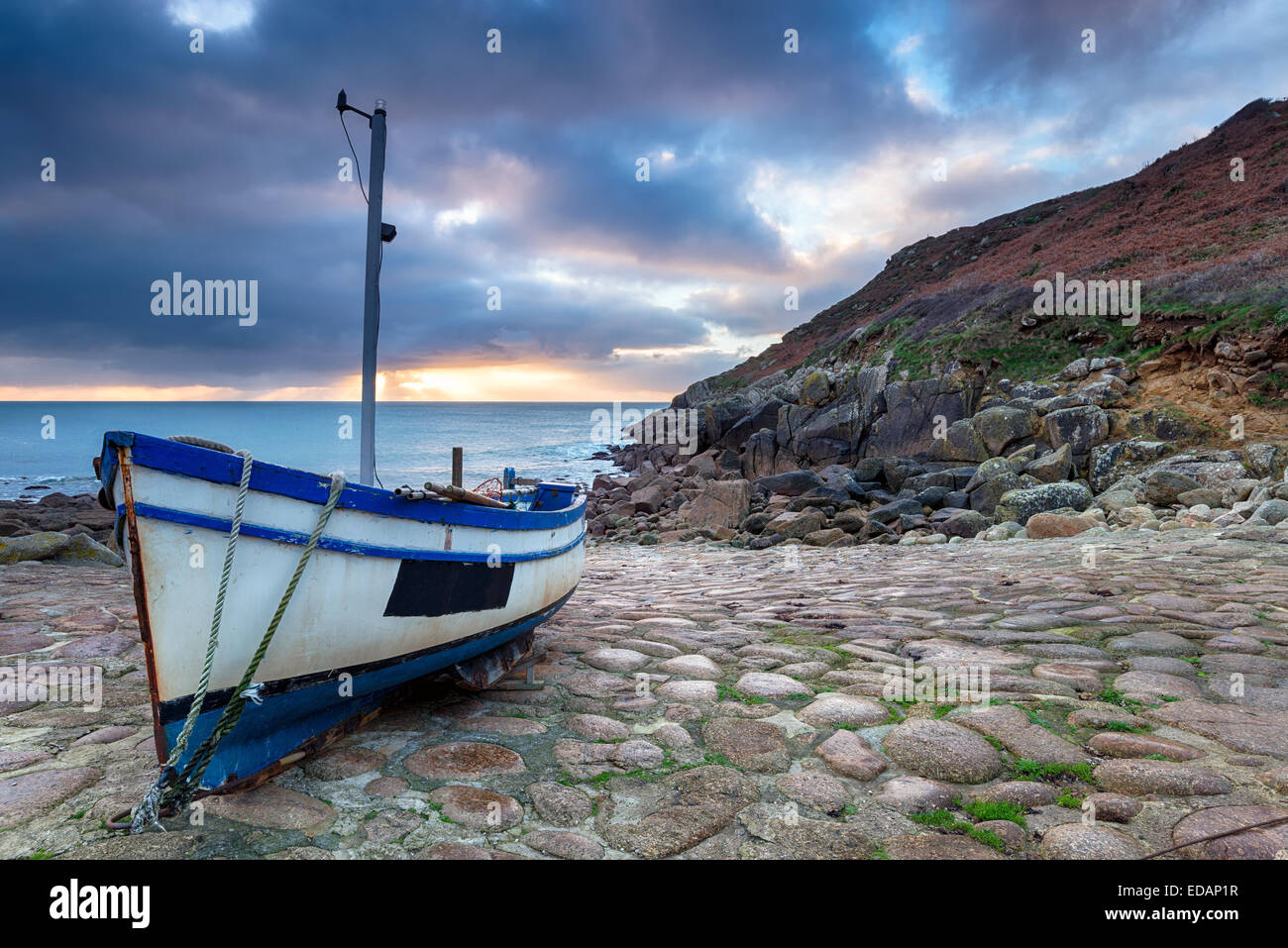 Fishing boat on the beach at Penberth Cove near Penzance in Cornwall
