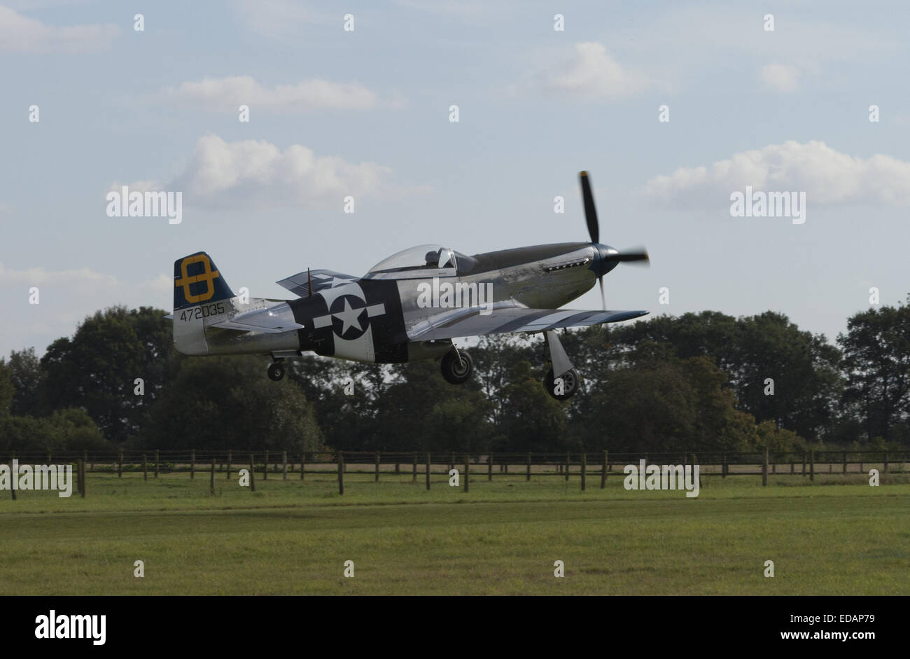 P51 Mustang taking off from a grass runway Stock Photo