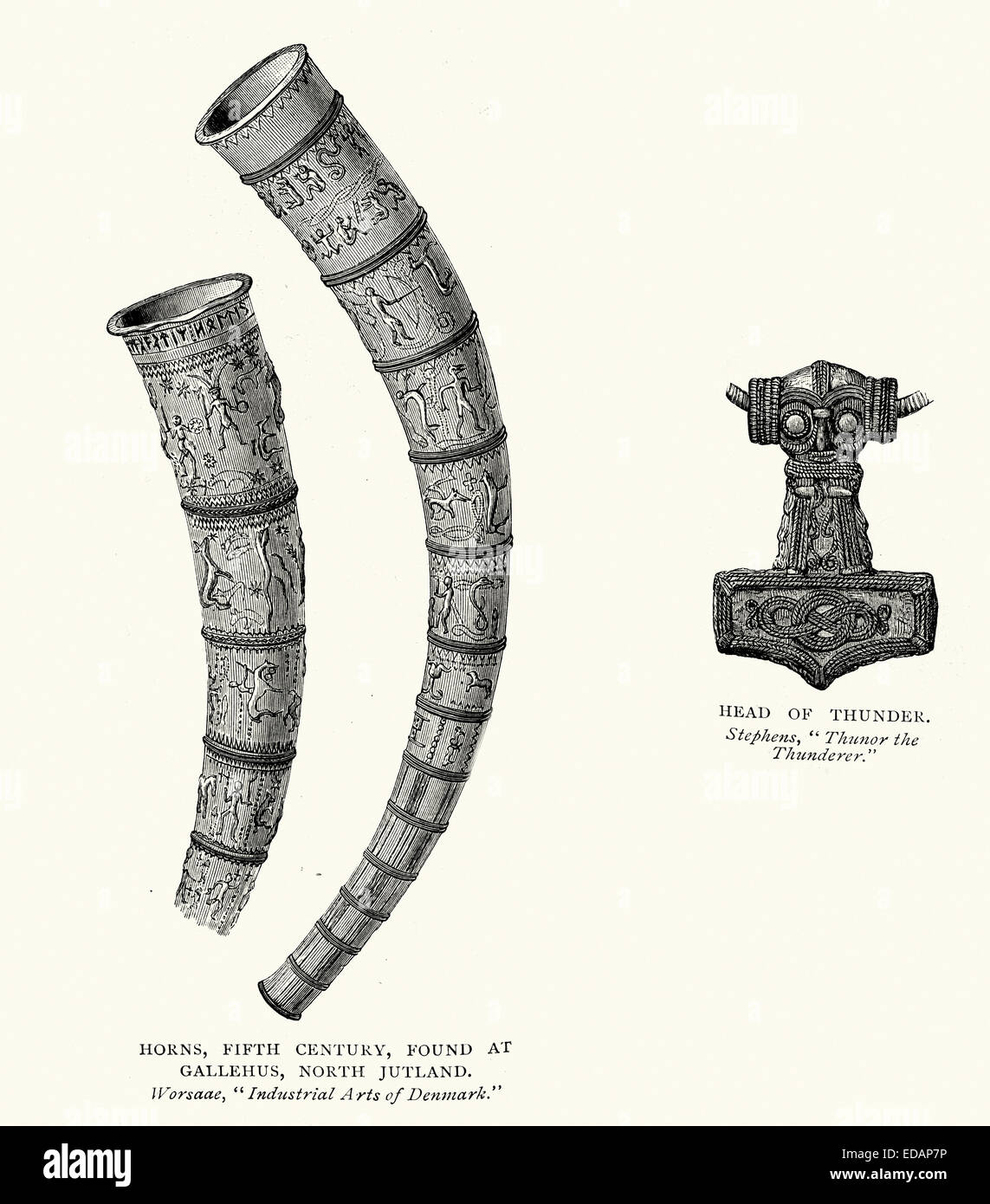 Norse and viking artifacts, 5th Century Horn found at Gallehus, North Jutland and Head of Thor the Thunder Stock Photo
