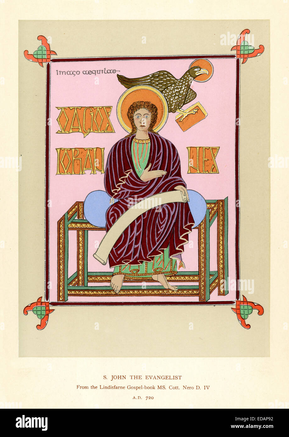 Saint John the Evangelist, from the Lindisfarne Gospel, AD 720. An illuminated manuscript gospel book produced around the year 7 Stock Photo