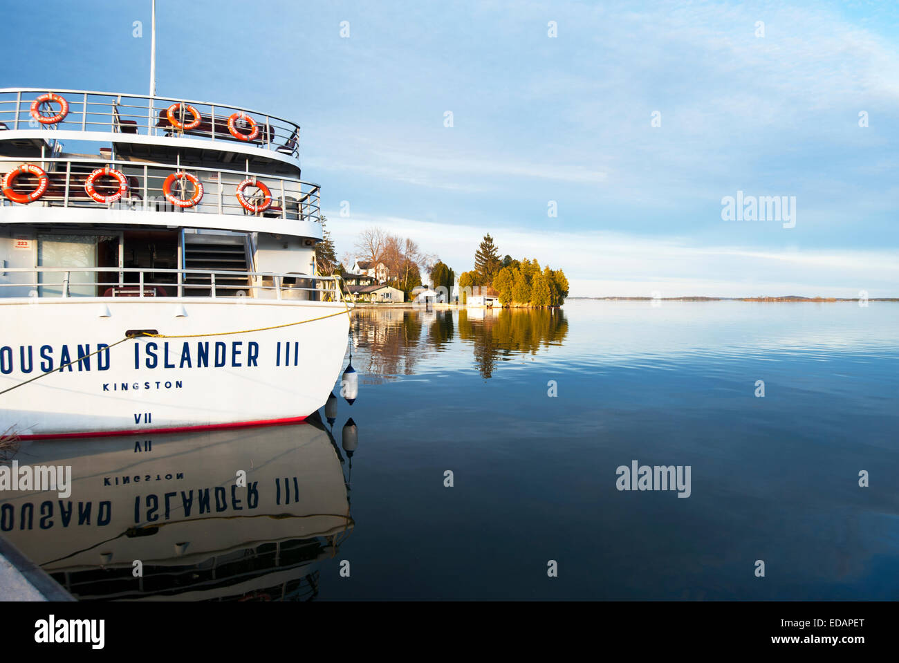 Tour boat for the Thousand Islands docked on St. Lawrence River in Gananoque, Ontario, Canada Stock Photo