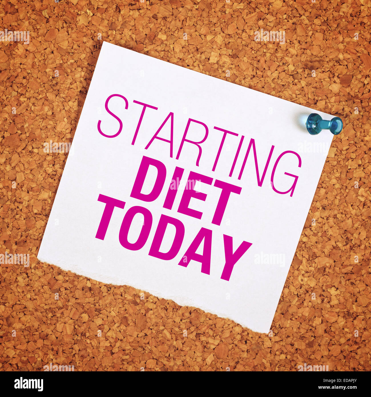 Starting Diet Today Motivational Reminder Note Pinned to a Cork Memory Bulletin Board. Stock Photo