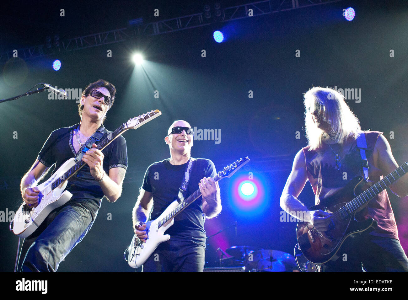Joe Satriani, Steve Vai and Steve Morse (G3) performed at Sportarena stage, Budapest, Hungary Aug 01, 2012 Stock Photo