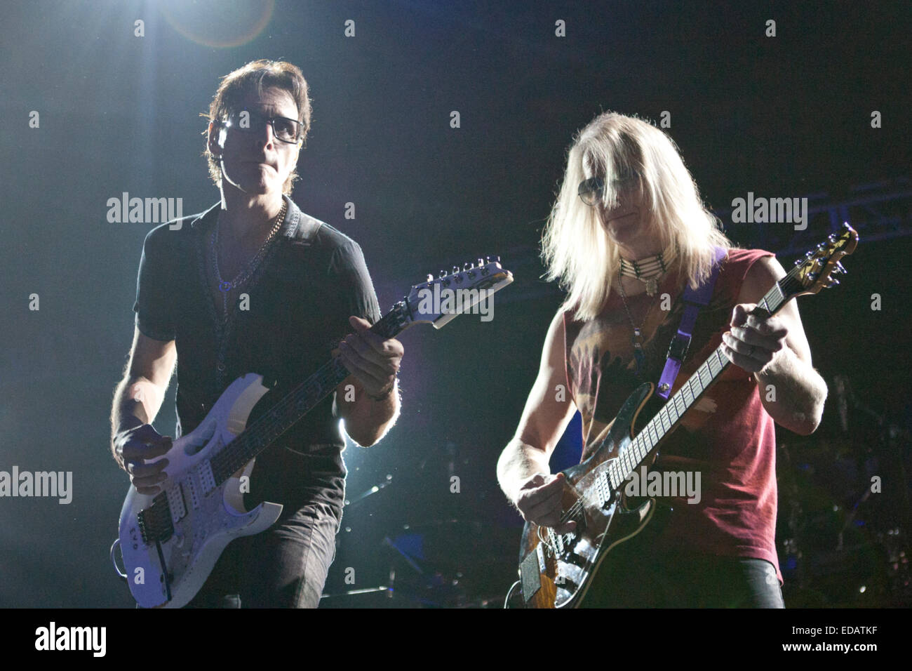 Joe Satriani, Steve Vai and Steve Morse (G3) performed at Sportarena stage, Budapest, Hungary Aug 01, 2012 Stock Photo