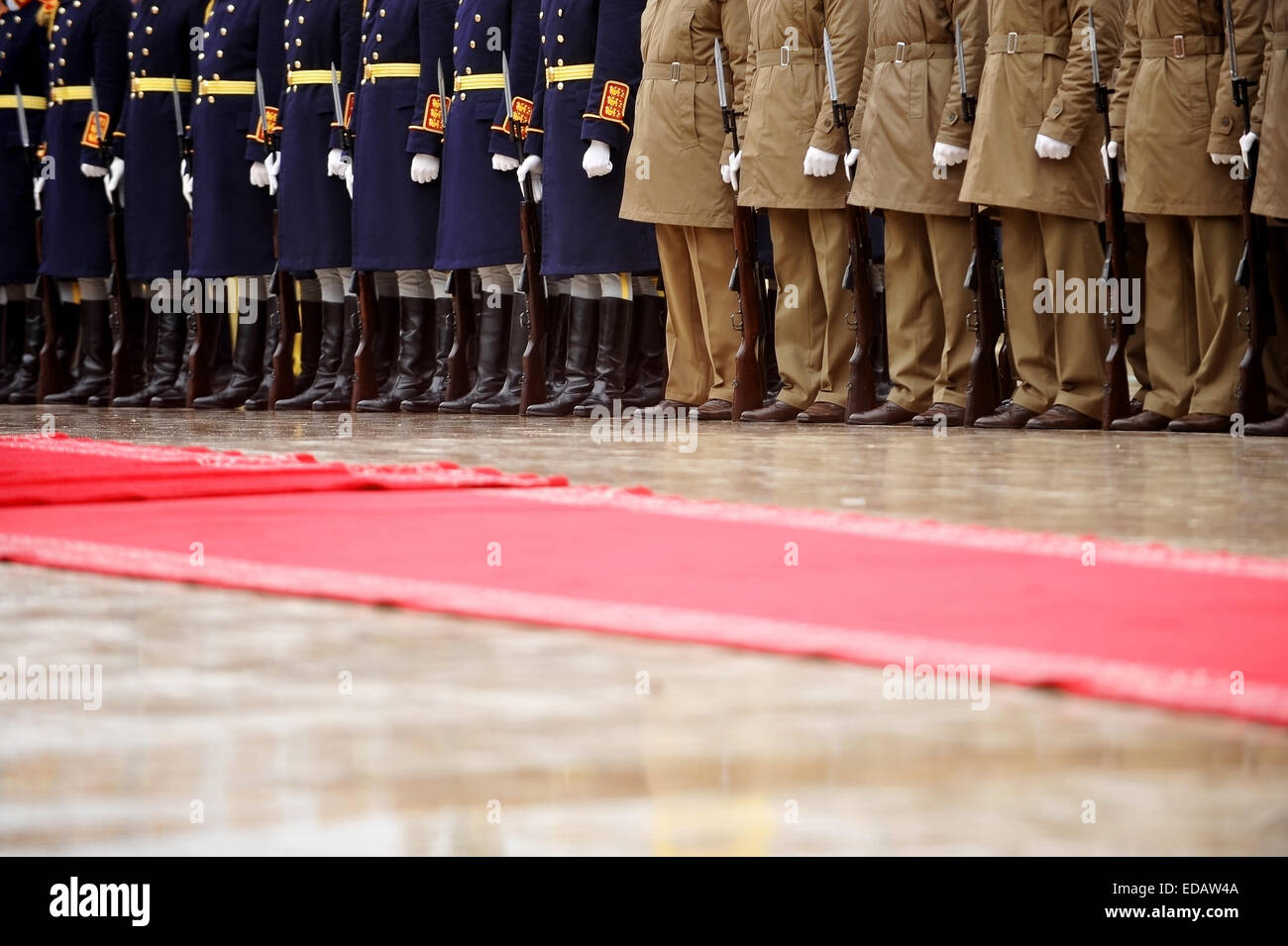 Guard of honor soldiers in front of the red carpet during military ceremony Stock Photo