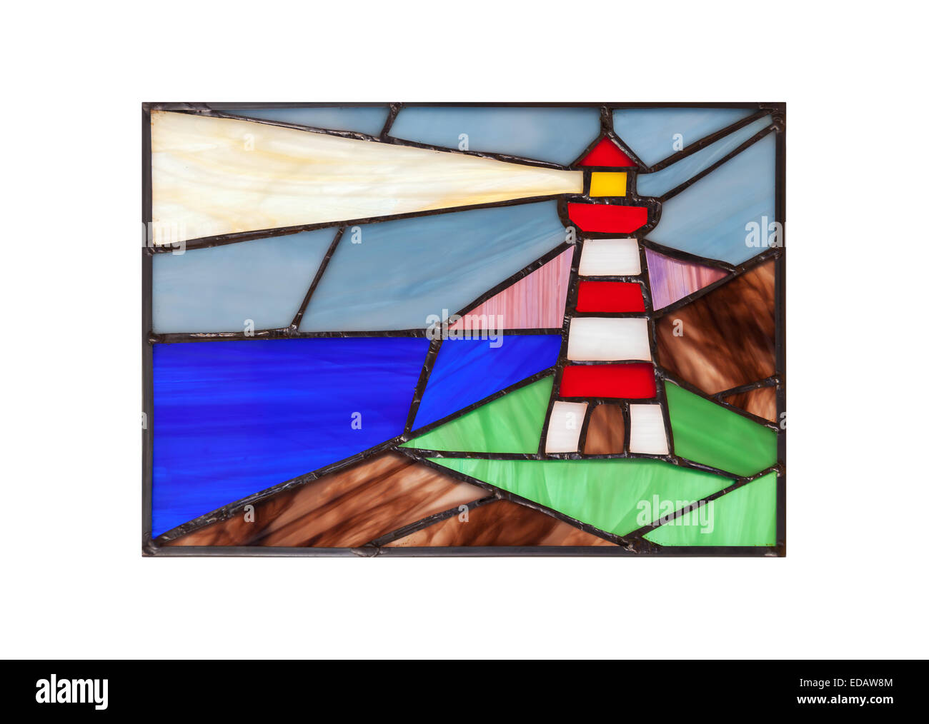 Handmade stained glass composition with abstract coastal landscape and lighthouse Stock Photo