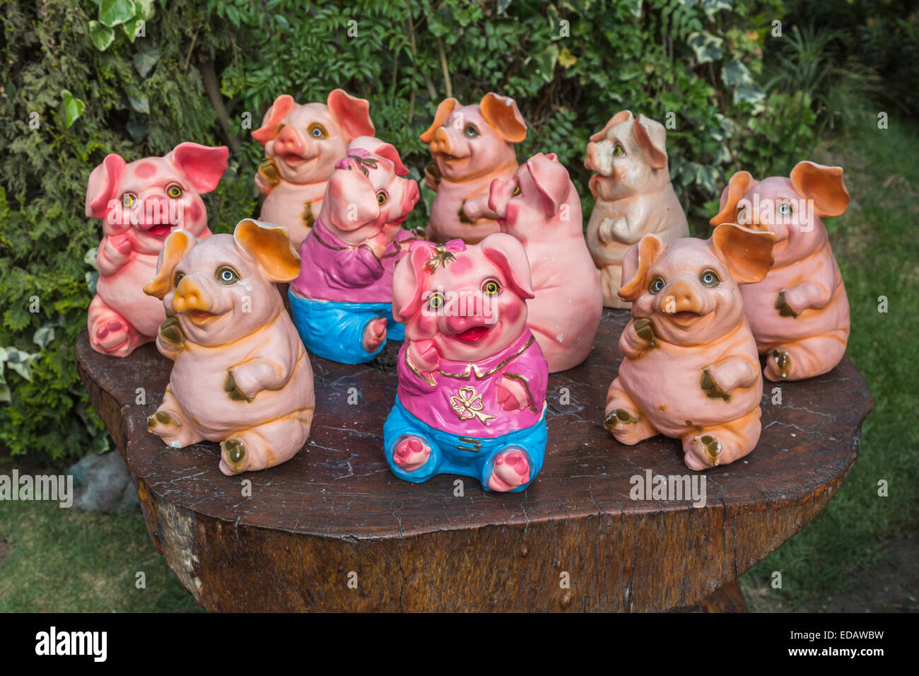 Collection of amusing cute, colourful models of pink pigs in a restaurant in Arequipa, Peru Stock Photo