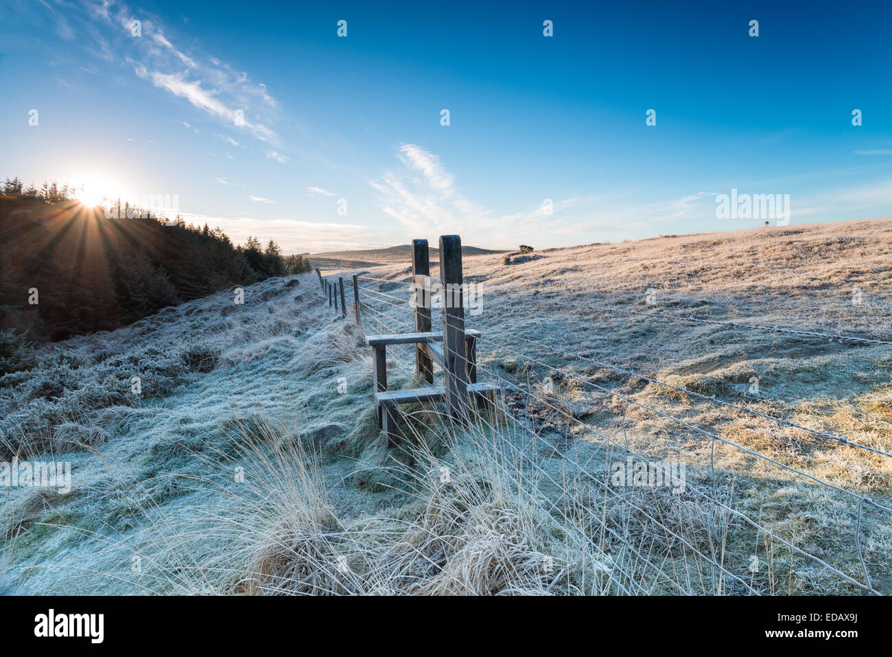 A frosty wooden stile on a winter morning on Bodmin Moor in Cornwall Stock Photo