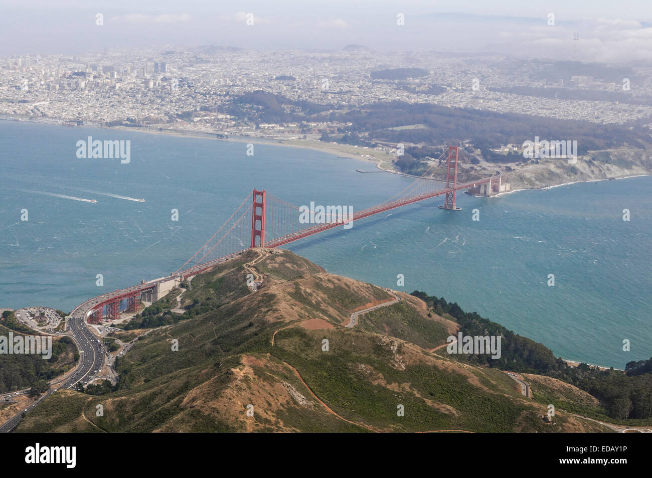 Aerial view of Golden Gate Bridge and San Francisco from the northwest Stock Photo
