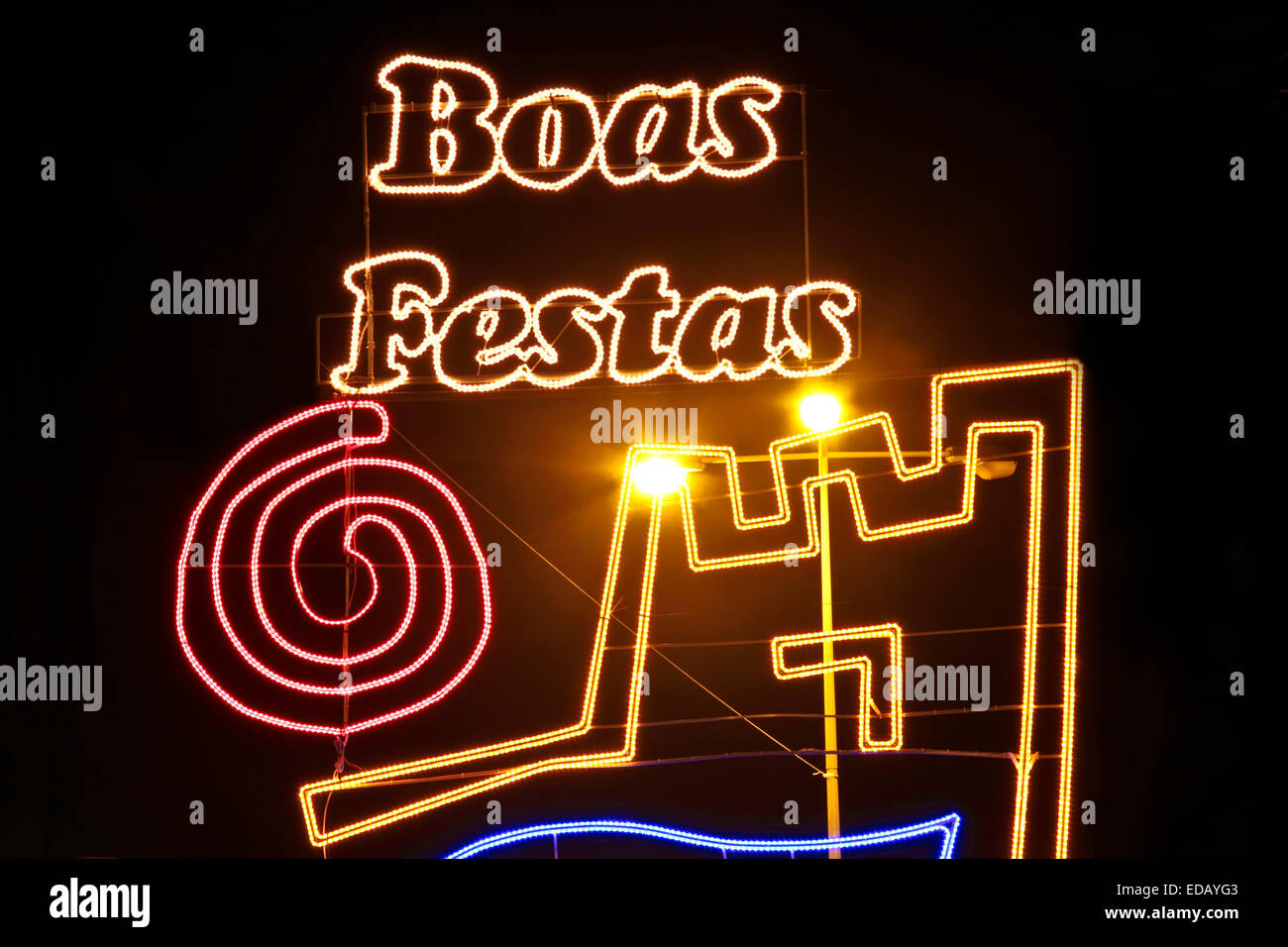 Boas Festas decoration at night in Portugal Stock Photo