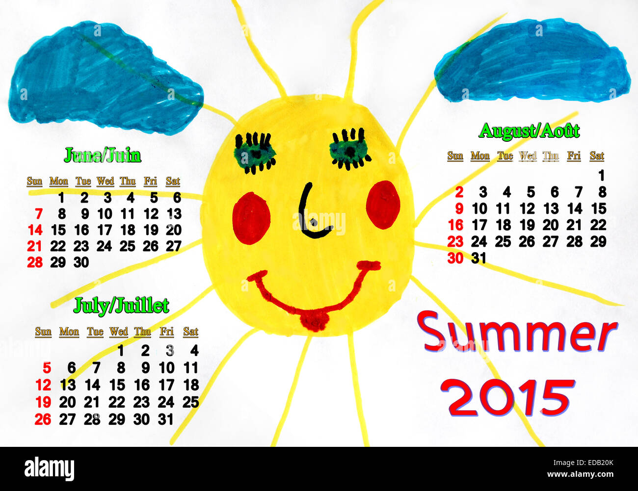 calendar for summer of 2015 with children's drawing with funny sun and clouds Stock Photo