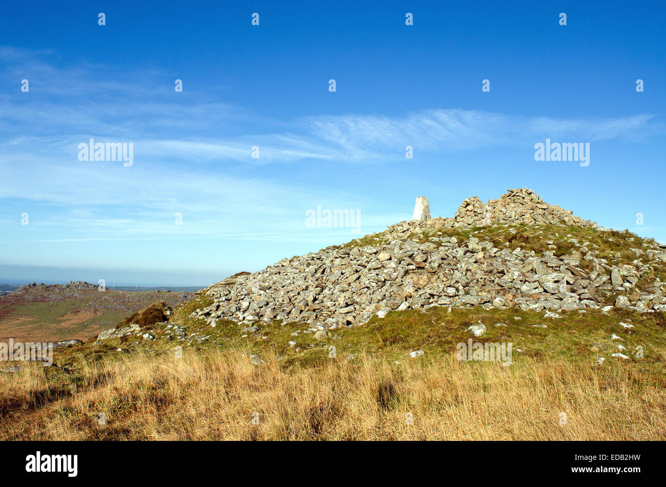 Looking towards Rough Tor from Brown Willy on Bodmin moor the highest point in Cornwall, UK