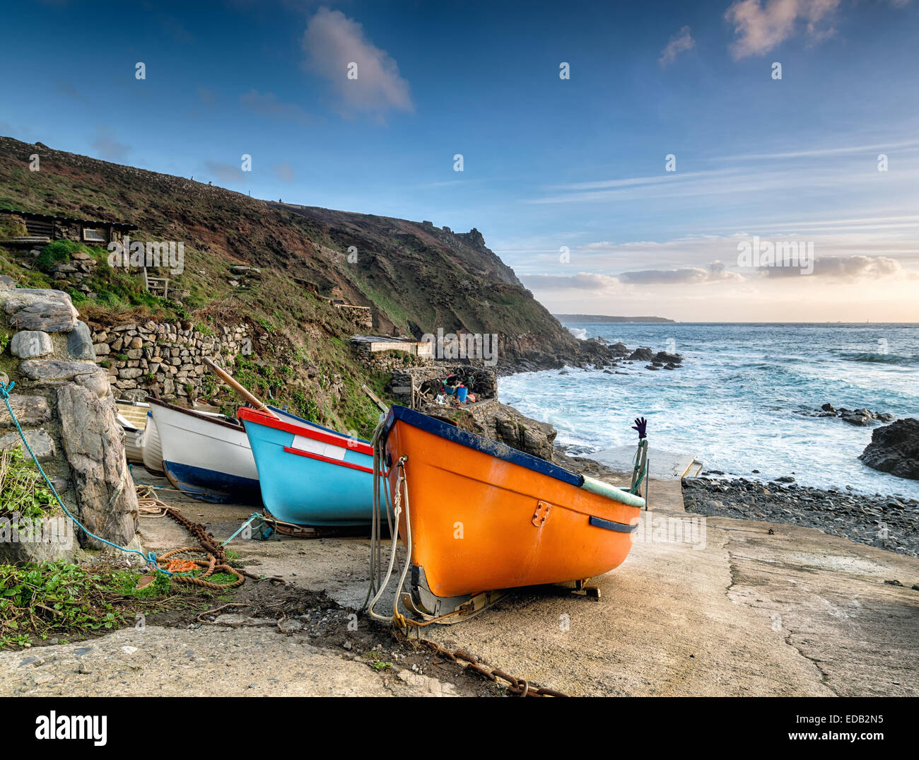 Fishing boats on the slipway at Priest's Cove near Penzance in Cornwall Stock Photo