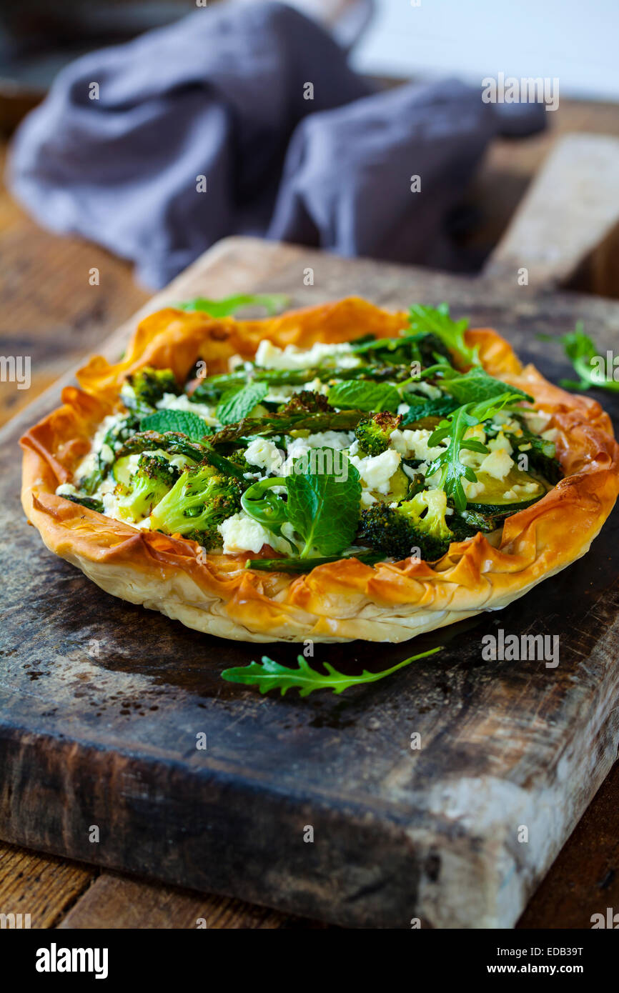 Filo pastry pie with roast green vegetable Stock Photo