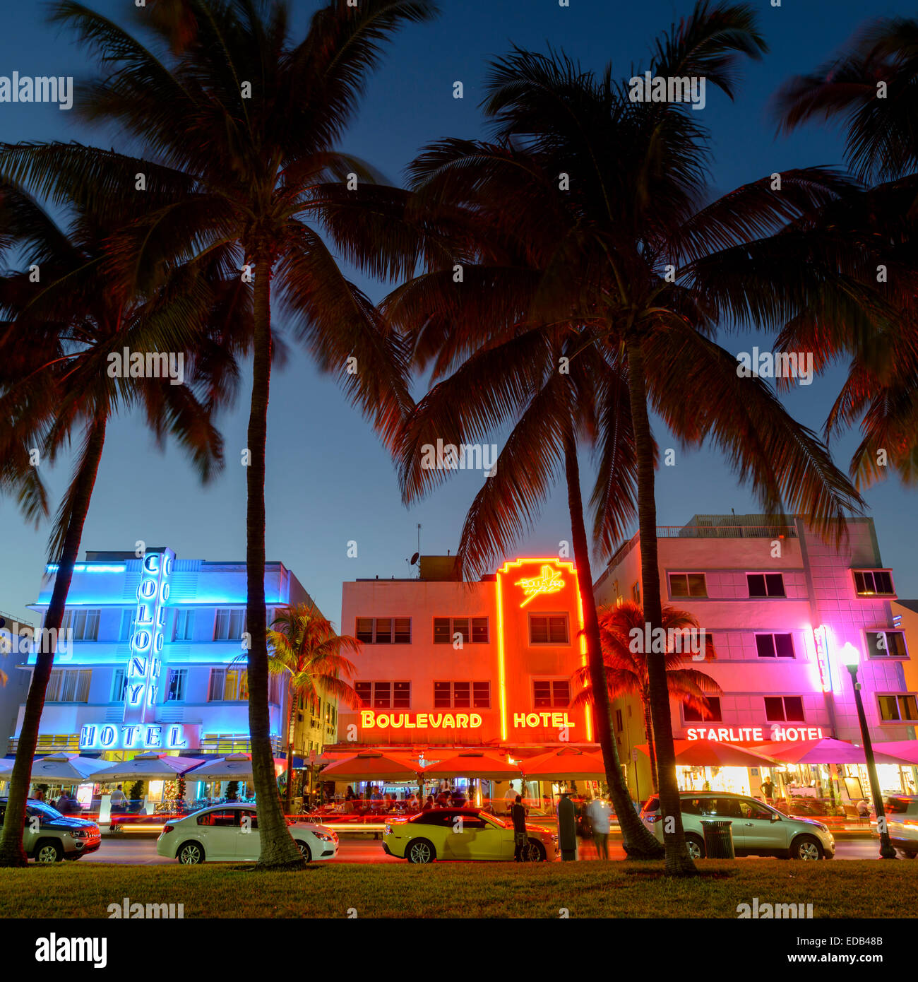 Art Deco Hotels on Ocean Drive at Dusk, South Beach, Miami, Florida, USA Stock Photo Alamy