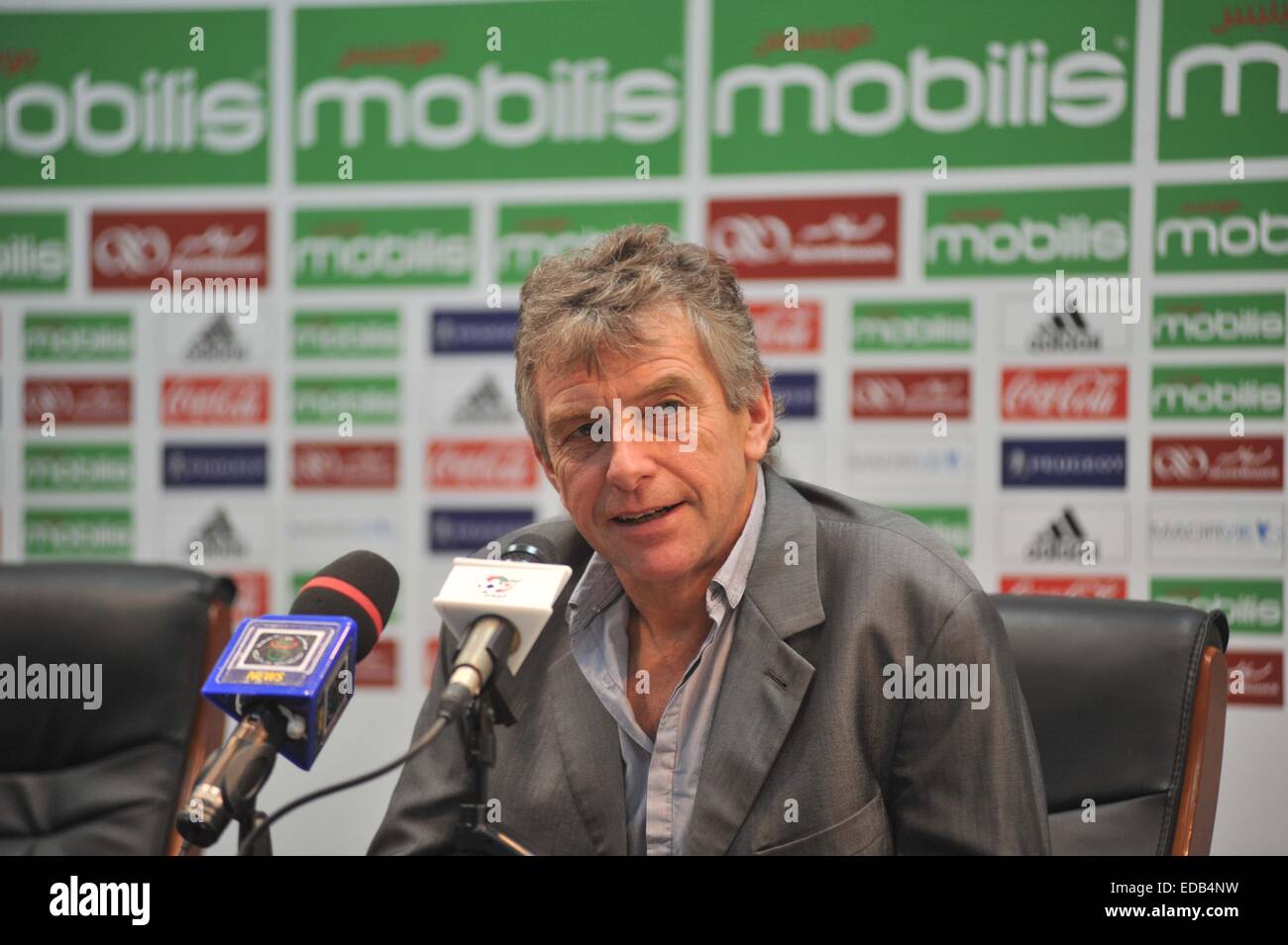 Algiers. 5th Jan, 2015. Algerian national football team head coach Christian Gourcuff answers questions about the upcoming Africa Cup of Nations during a news conference in Algiers, capital of Algeria, Jan. 4, 2015. The 2015 Africa Cup of Nations will be held in Equatorial Guinea from Jan. 17 to Feb. 8. © Xinhua/Alamy Live News Stock Photo