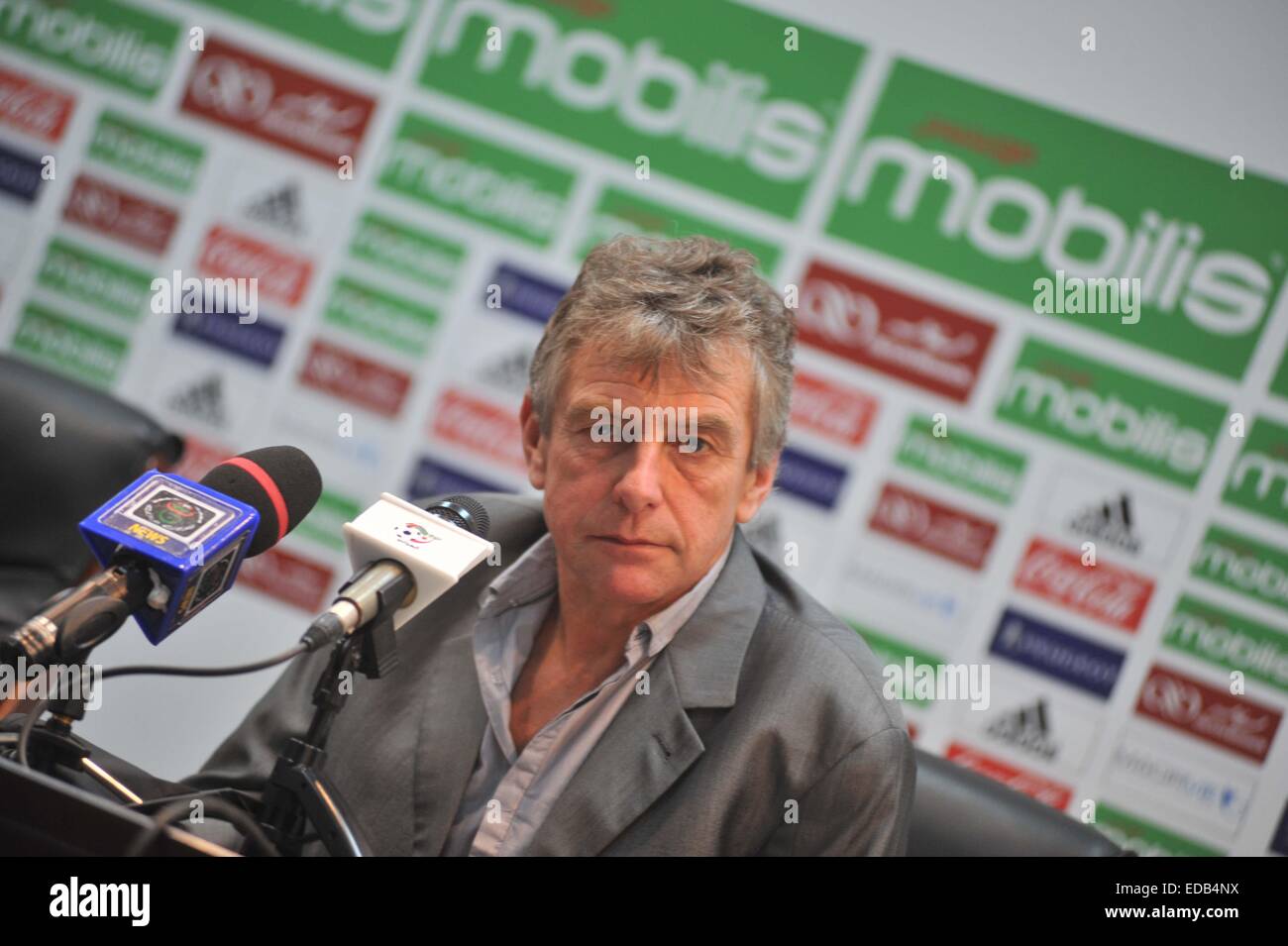 Algiers. 5th Jan, 2015. Algerian national football team head coach Christian Gourcuff answers questions about the upcoming Africa Cup of Nations during a news conference in Algiers, capital of Algeria, Jan. 4, 2015. The 2015 Africa Cup of Nations will be held in Equatorial Guinea from Jan. 17 to Feb. 8. © Xinhua/Alamy Live News Stock Photo