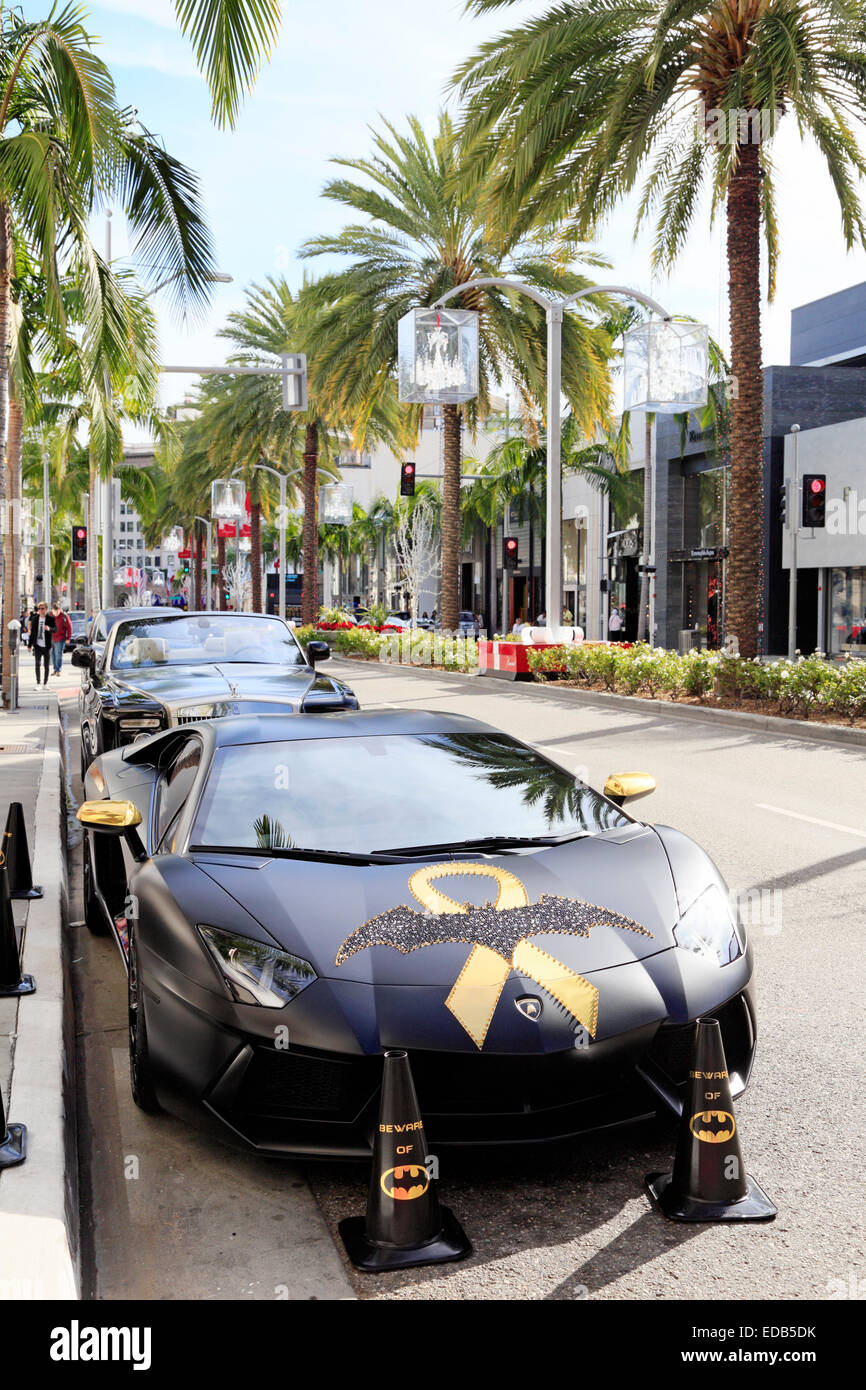 Batman decorated Lamborghini parked on Rodeo drive, Beverly Hills, Los Angeles, California. Stock Photo