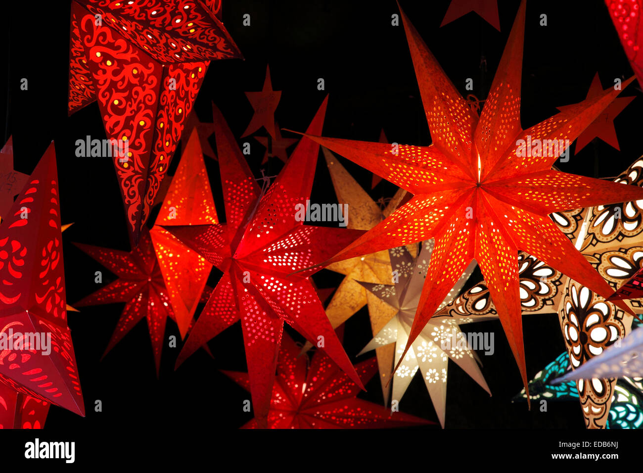 Christmas stars on Christmas market Dresden, Germany Stock Photo