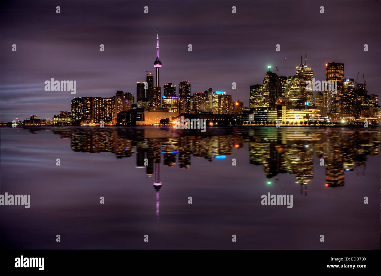 Night Shot Toronto City in Ontario Canada Lake reflection Stock Photo