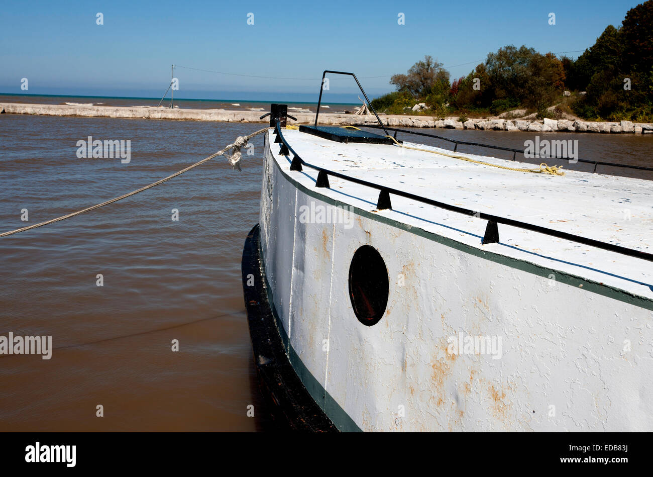 Old Fishing Boat tied up on Lake Huron Stock Photo - Alamy