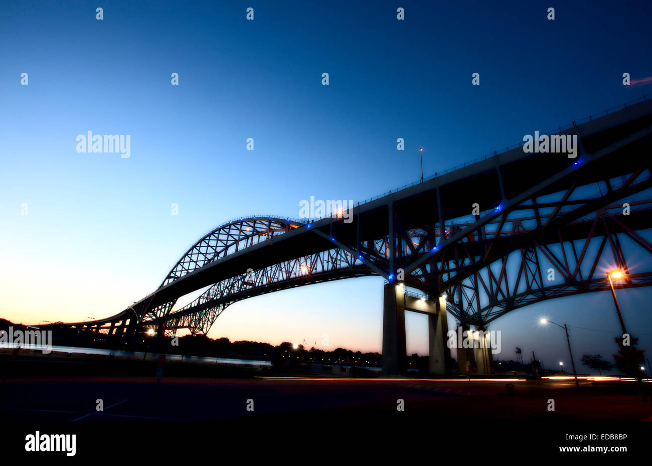 Night Photo Blue Water Bridge Ontario Michigan Sarnia Port Huron Stock Photo