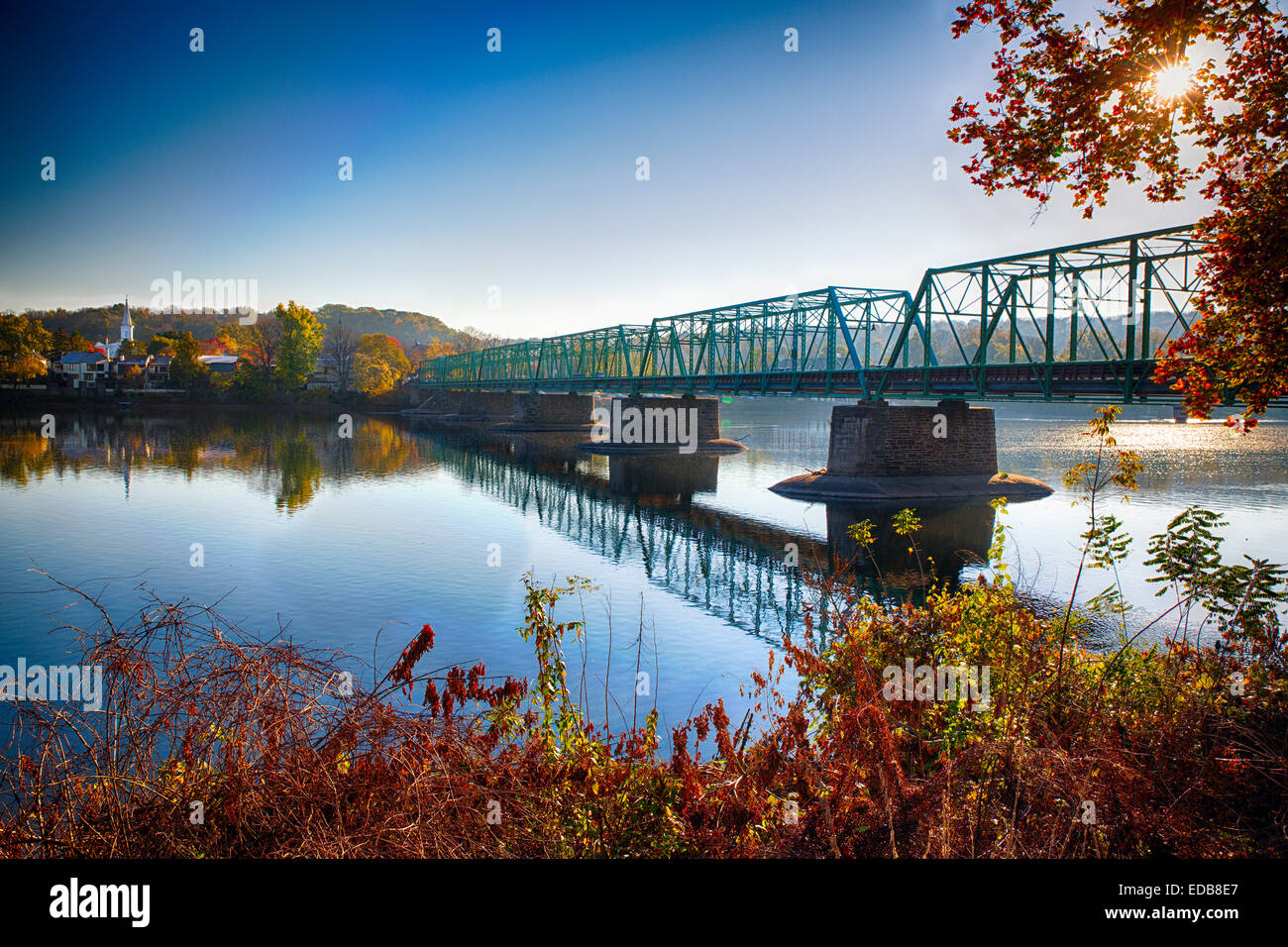 Autumn Morning View of the New Hope-Lambertville Bridge Spanning the Delaware River , New Hope, Pennsylvania Stock Photo