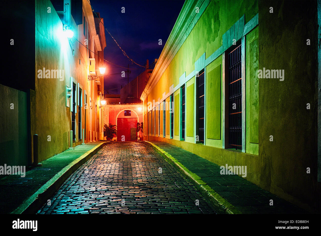 Cobblestone Street in Night Illumination, Old San Juan., Puerto Rico Stock Photo