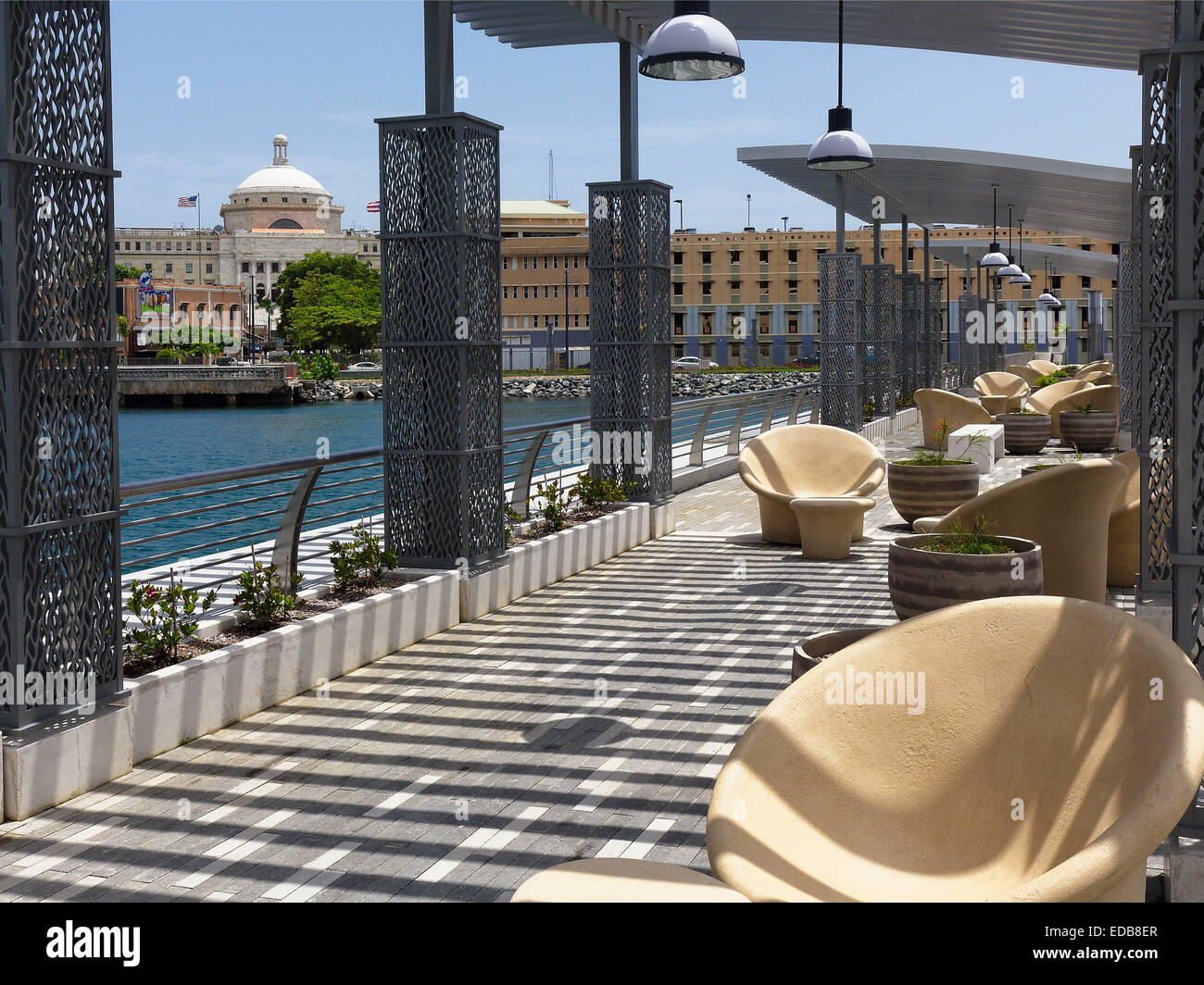 View of the Puerto Rican Parliament Building from an  Outdoor Pavilion, Bahia Urbana  Park, Old San Juan, Puerto Rico Stock Photo
