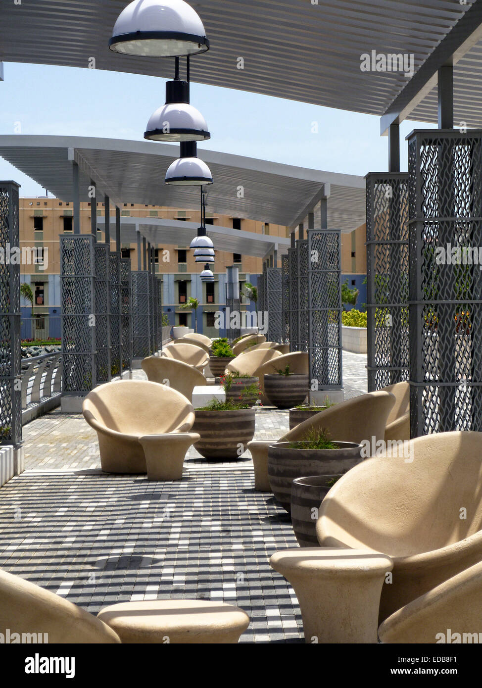 Outdoor Covered Rest Area in Bahia Urbana Park at Pier Eight, San Juan, Puerto Rico Stock Photo