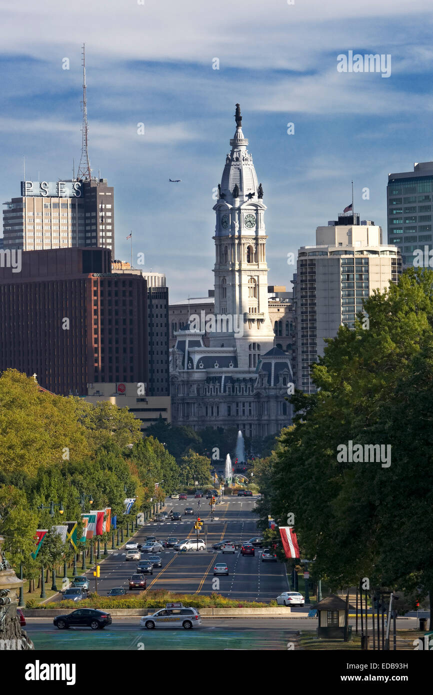 Looking down the Ben Franklin Parkway to City Hall, Philadelphia, Pennsylvania Stock Photo