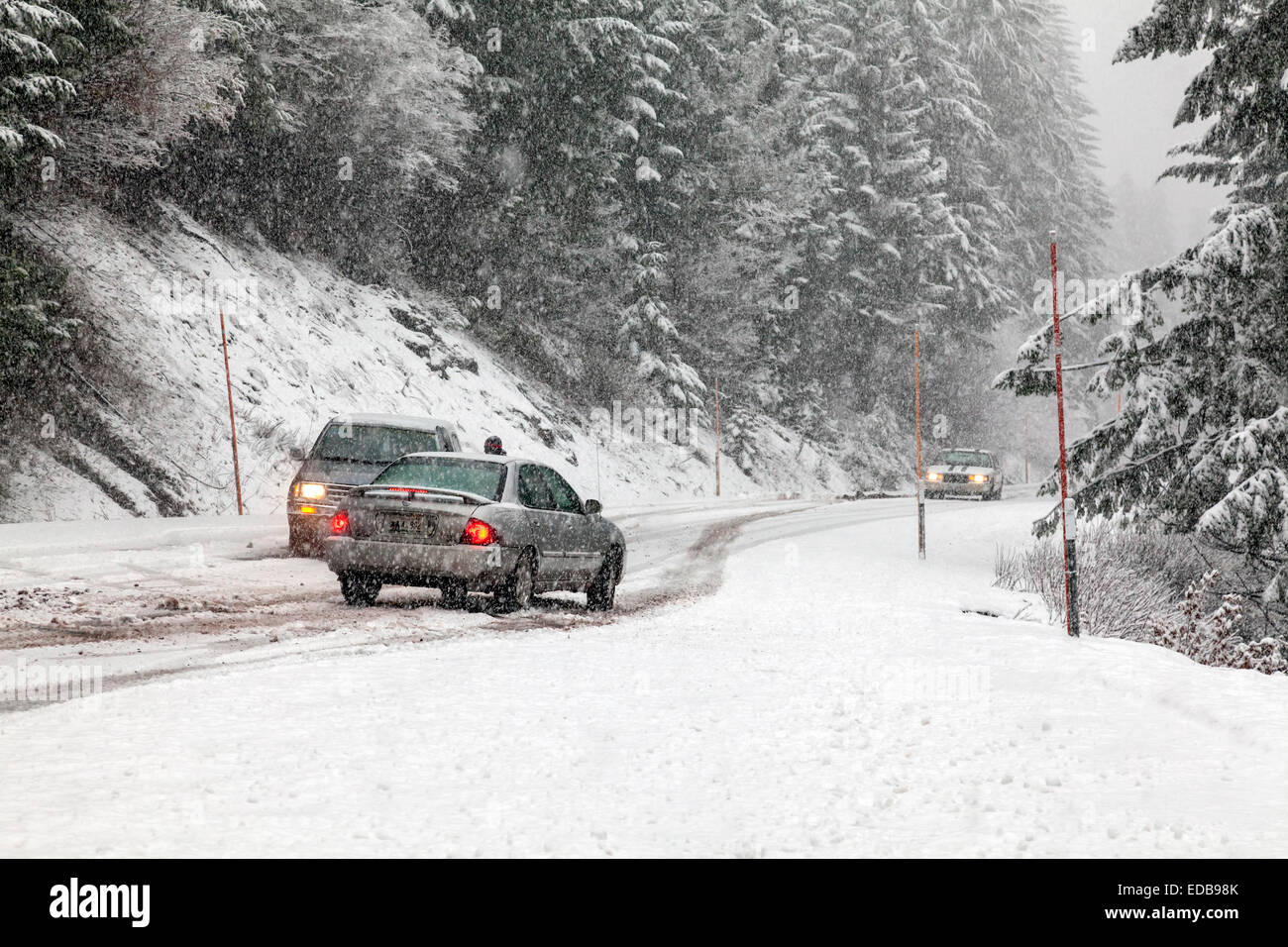 Cars stalled on road without snow chains blocks oncoming cars during snowstorm on the Tombstone Pass in Oregon Cascades. USA Stock Photo