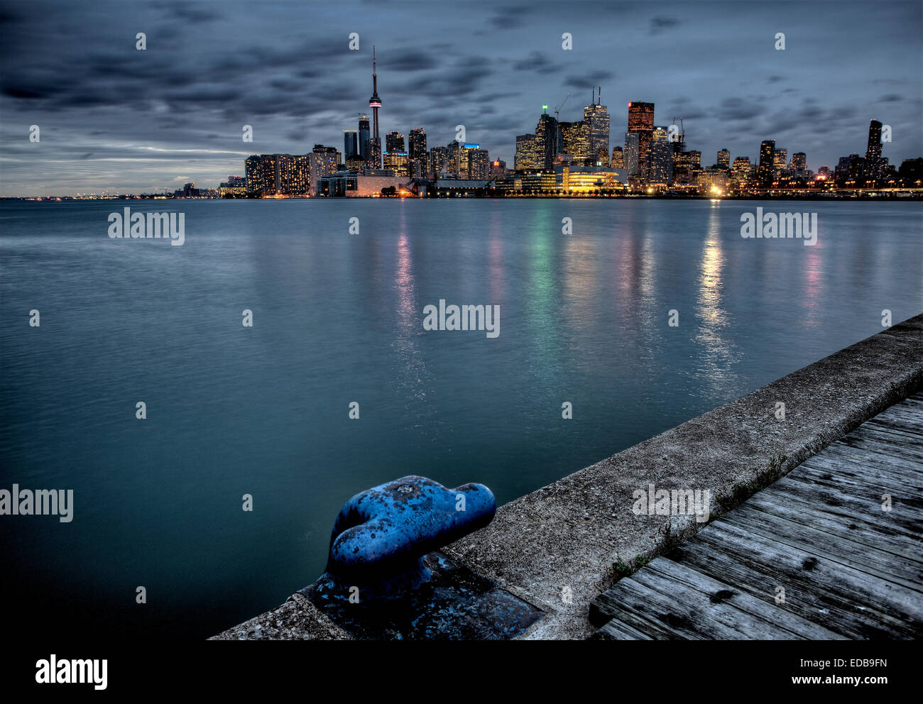 Night Shot Toronto City in Ontario Canada Lake reflection Stock Photo