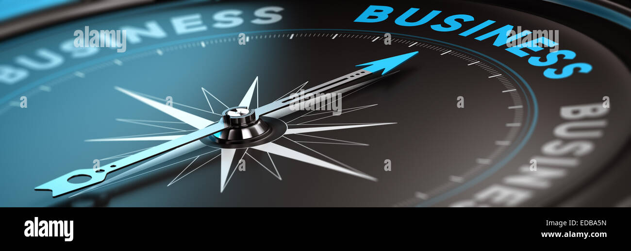 Conceptual compass with needle pointing the word business, black and blue tones. Concept background image for illustration of bu Stock Photo