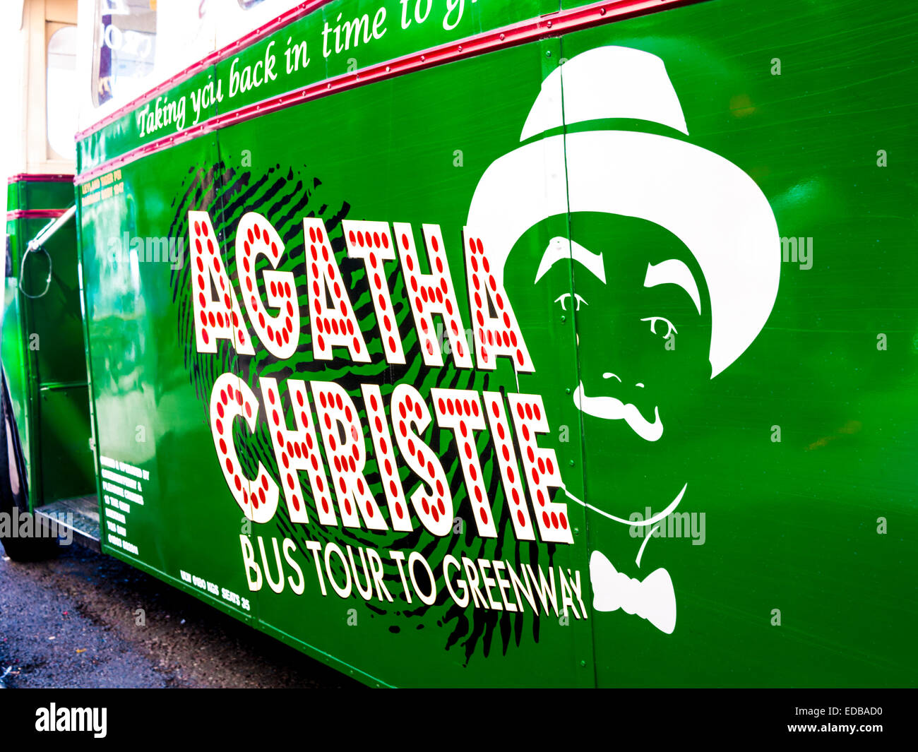 Detail of the tourist bus, leading from Brixham Harbour to Agatha Christie's Greenway Estate, Devon, UK. Stock Photo