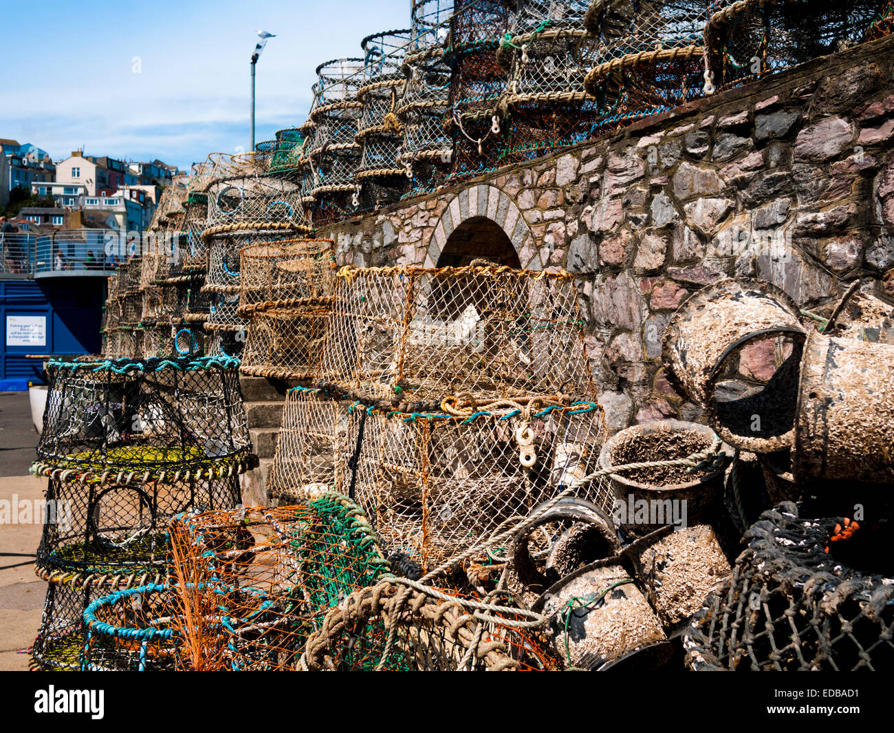 Lobster pots on the quayside at Brixham, Devon Stock Photo