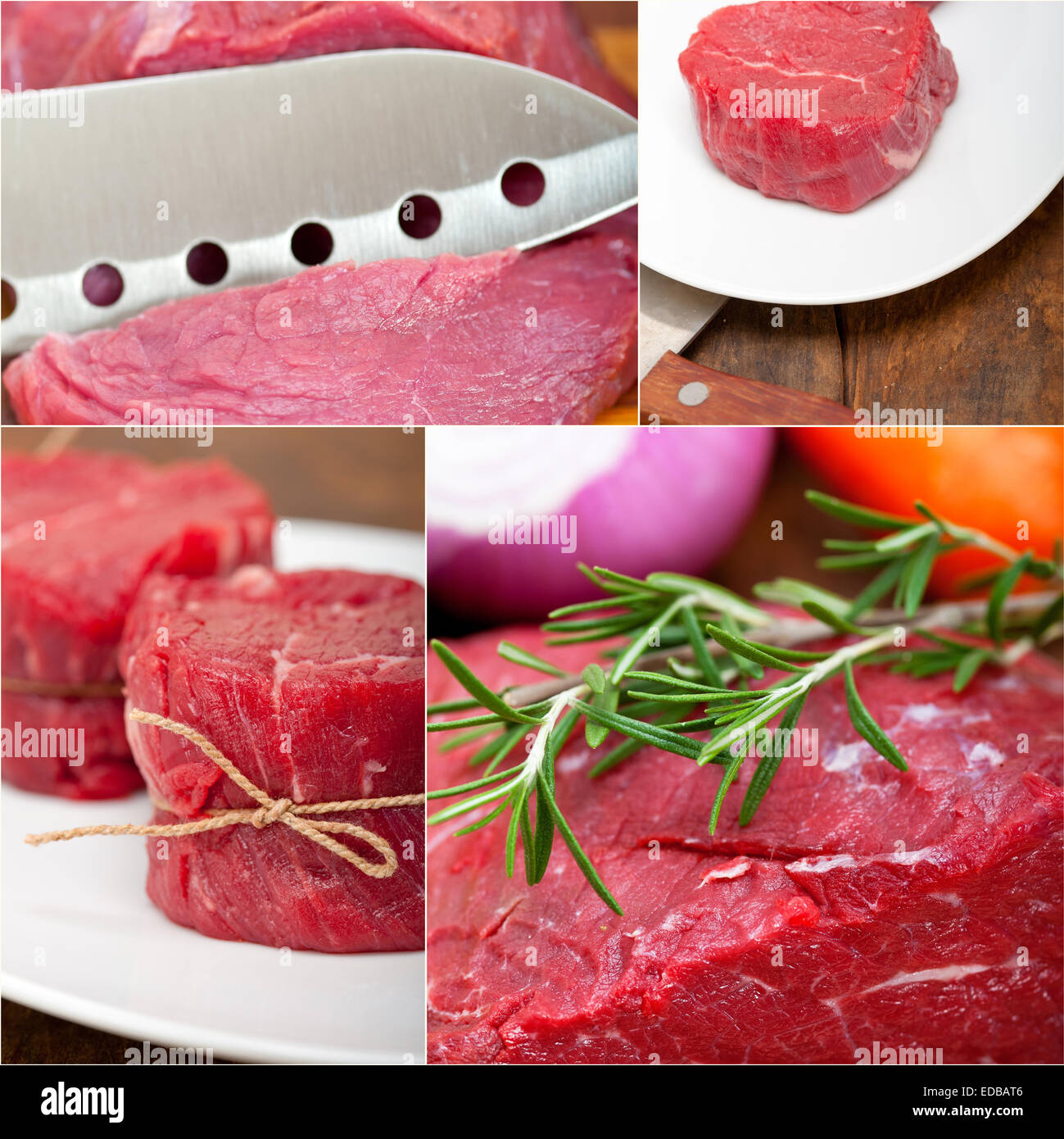 collection of different raw beef cuts collage white frame Stock Photo ...