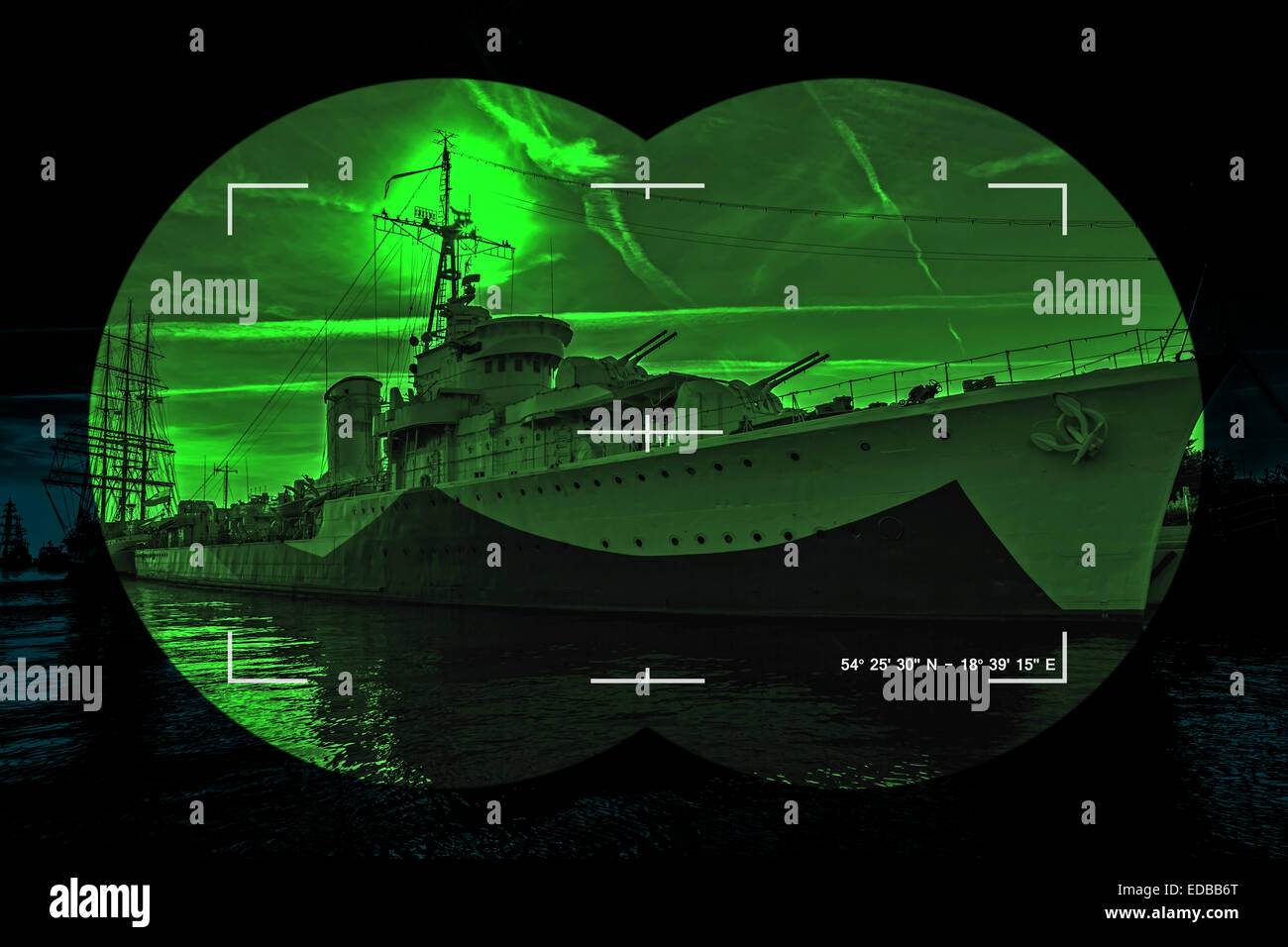 Night vision watching at a warship - Concept Photo. Stock Photo